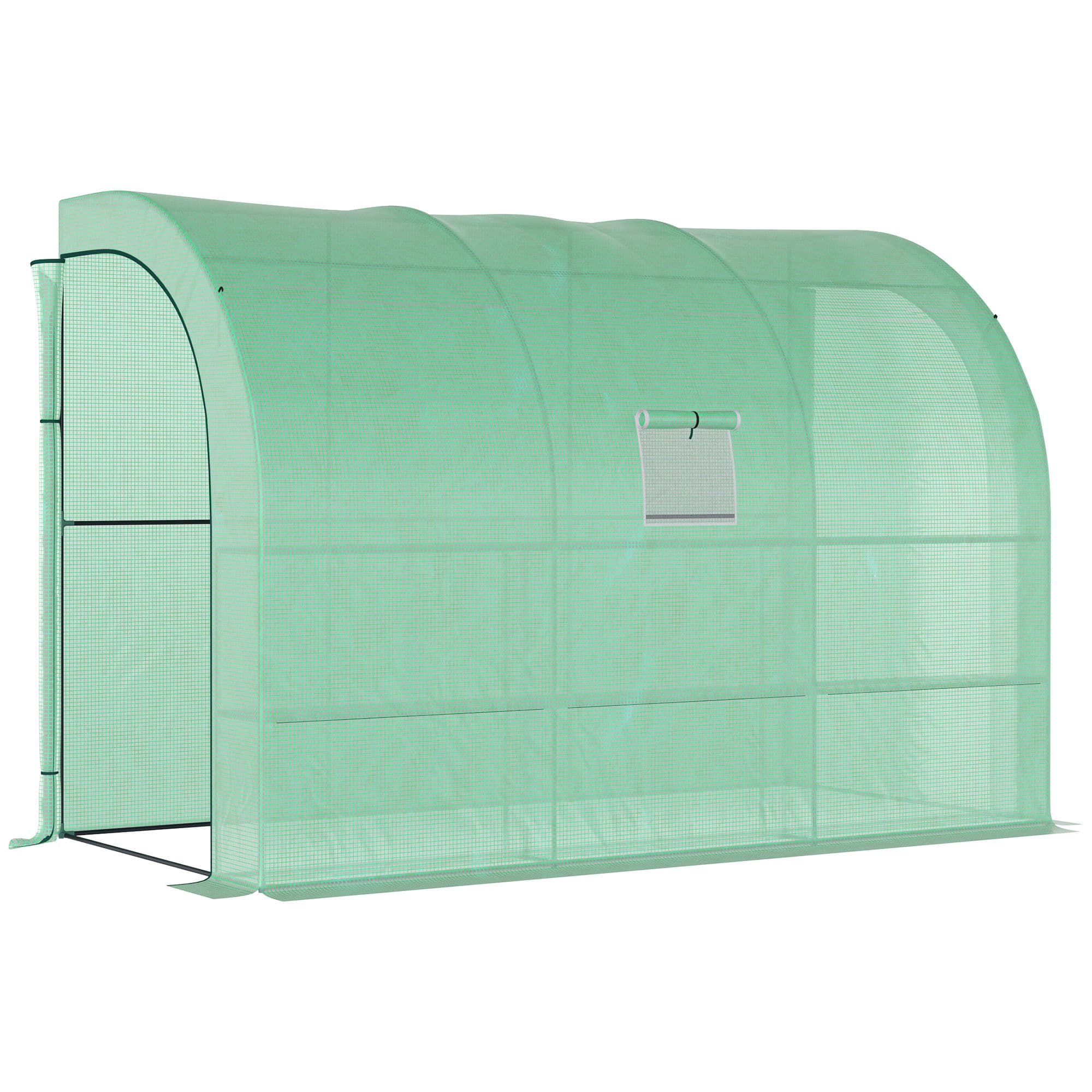 Outsunny Lean to Greenhouse Walk in Greenhouse with Windows & Doors, 2 Tiers 6 Wired Shelves, 300L x 150W x 215Hcm, Green | Aosom UK