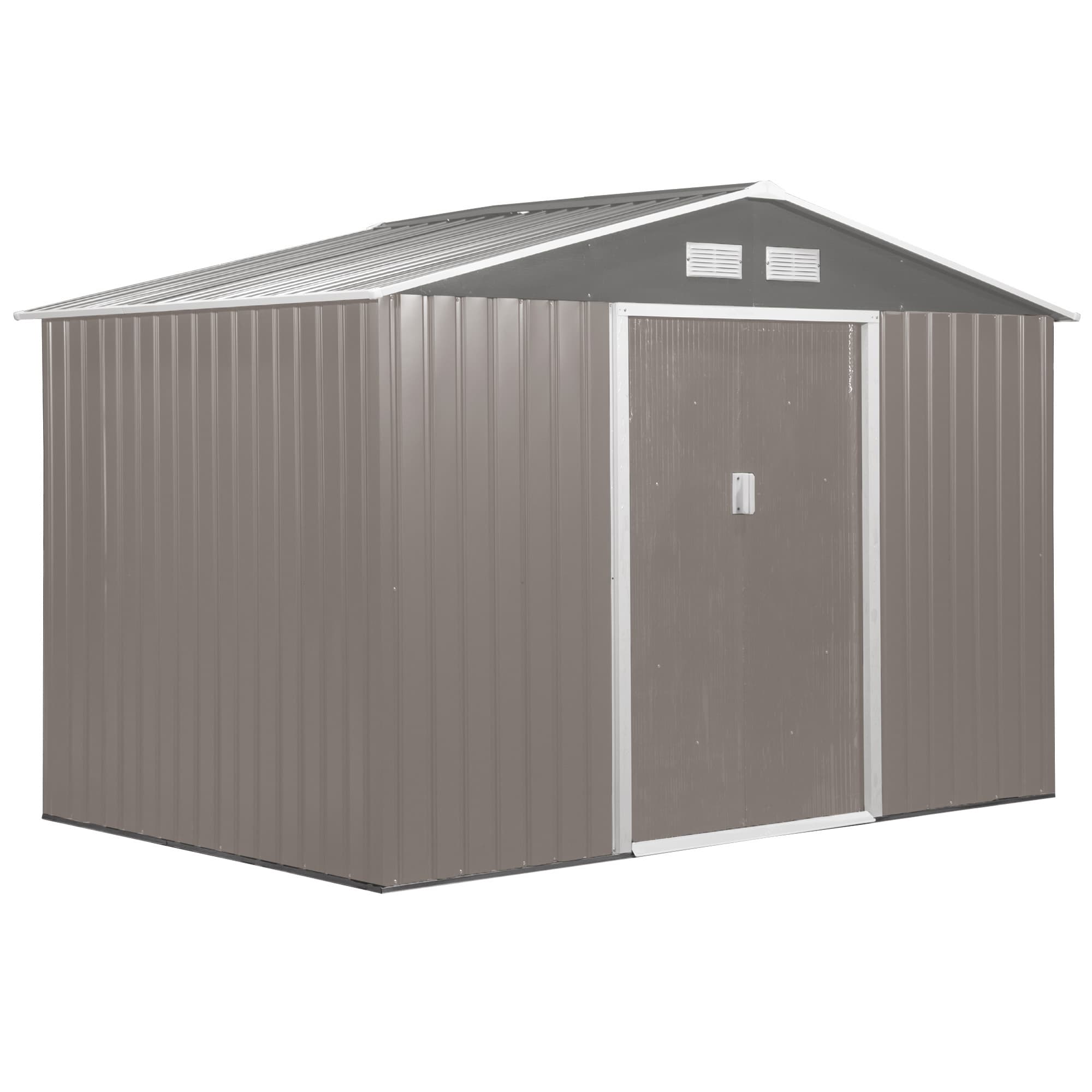 Outsunny 9x6 garden shed metal garden tool shed with ventilation roofed outdoor storage foundation doors light grey | Aosom UK