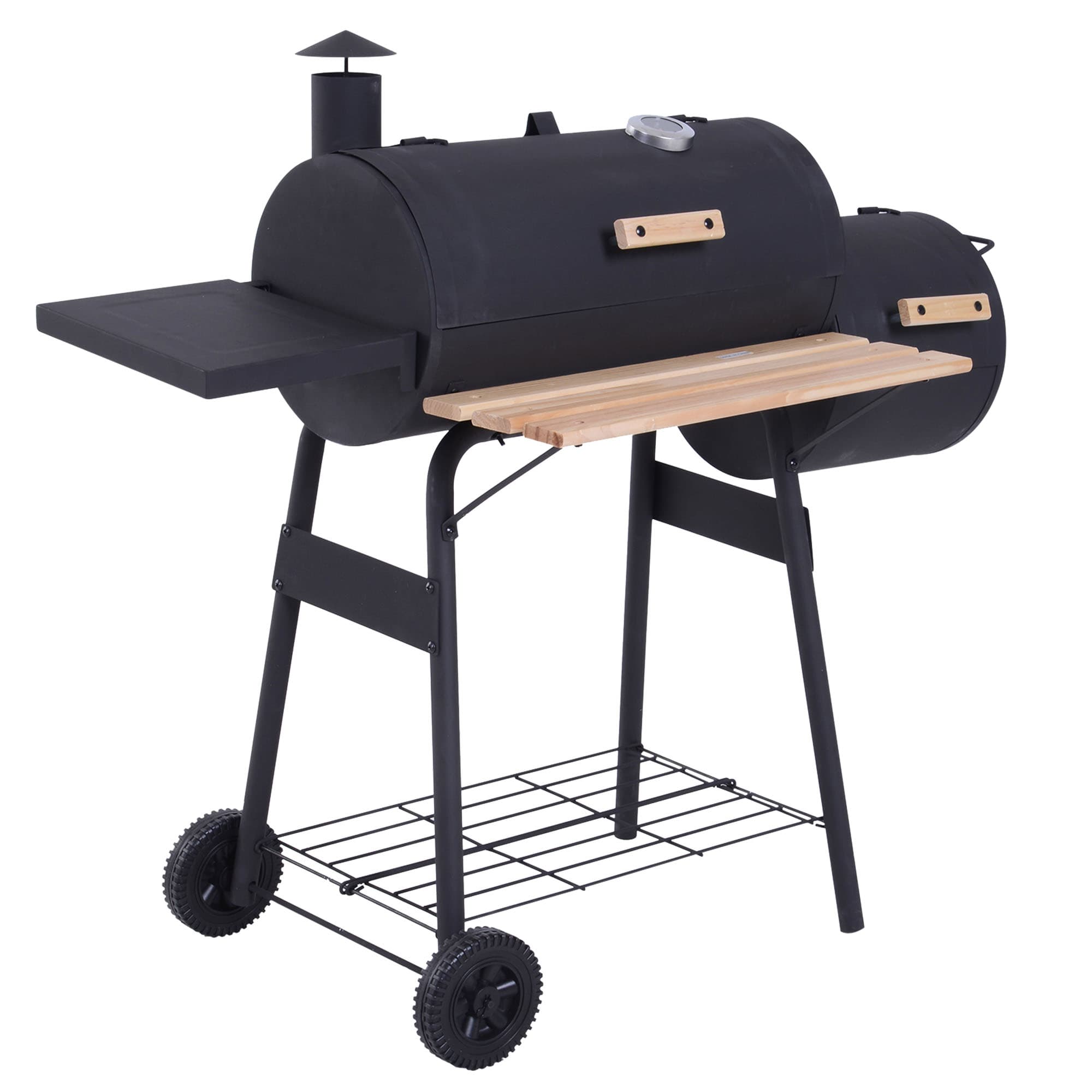 Outsunny Charcoal Barbecue Grill Garden Portable BBQ Trolley w/ Offset Smoker Combo, Handy Shelves and On-lid Thermometer | Aosom UK