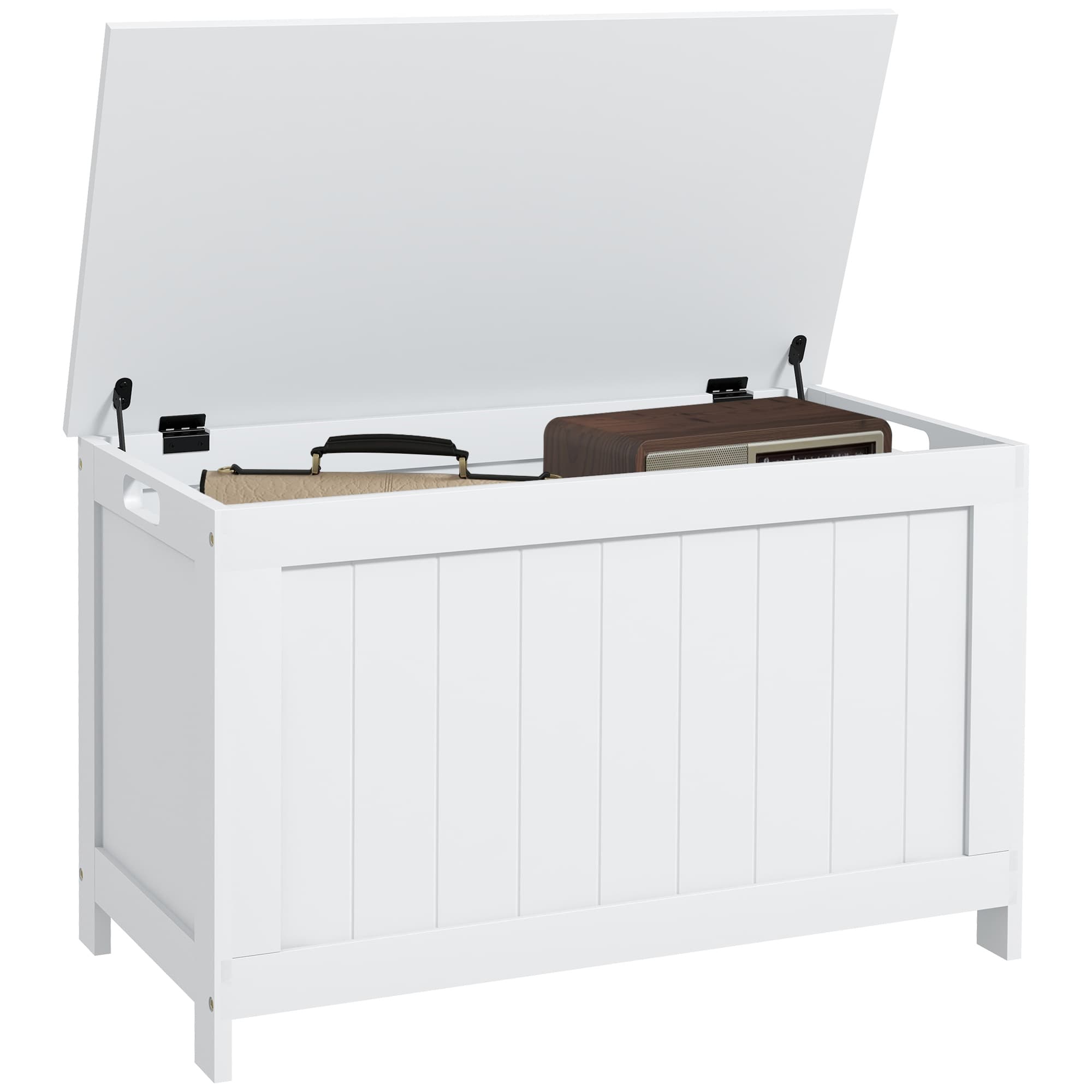 HOMCOM Storage Chest, Modern Storage Trunk with 2 Safety Hinges and Cut-out Handles, Wooden Toy Box for Living Room, 76x40x48 cm, White | Aosom UK