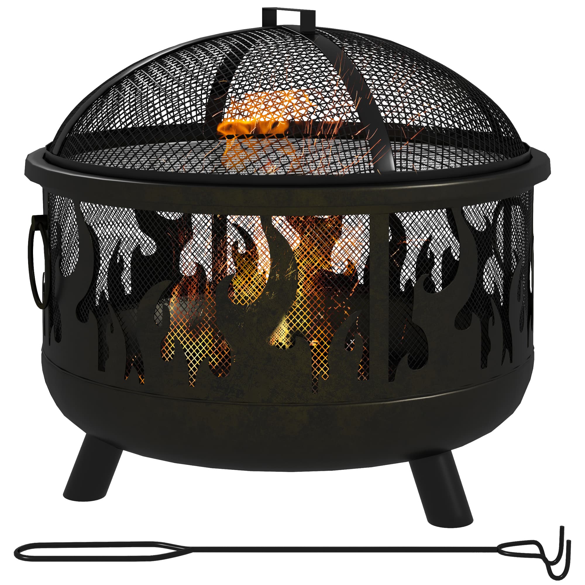 Outsunny Fire Pit Bowl: 2-In-1 Metal Round Firepit with Lid, Grill, Poker for Camping, BBQ, Bonfires, Black | Aosom UK
