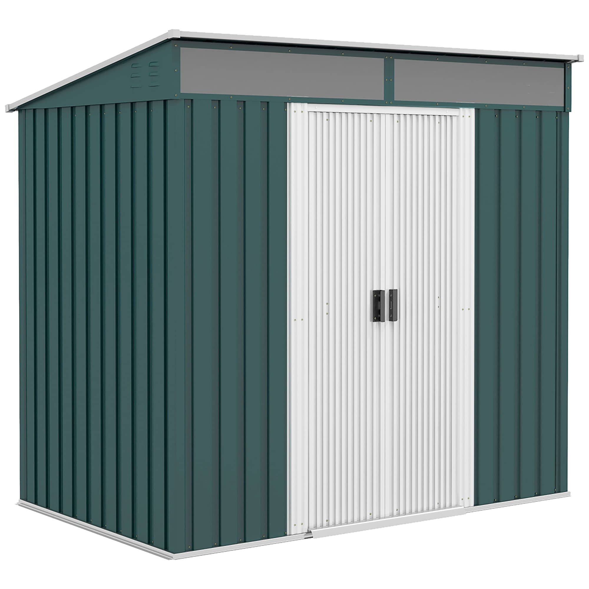 Outsunny 6.5x4ft Galvanised Metal Garden Storage Shed with Foundation, Lockable Double Sliding Doors & Vents for Tools, Green | Aosom UK