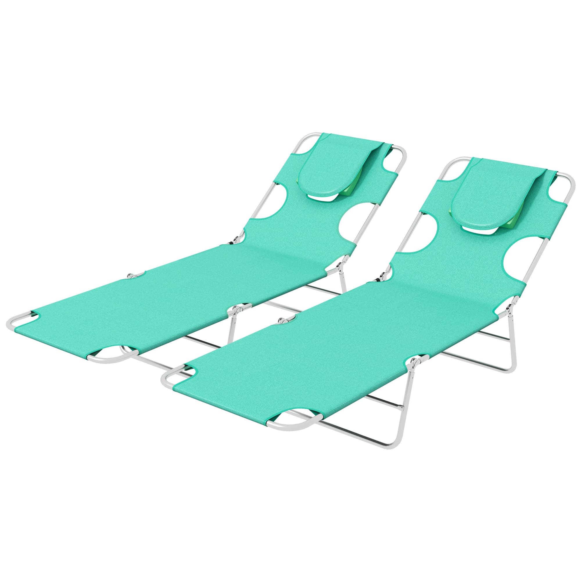 Outsunny Foldable Sun Lounger Set of 2 w/ Reading Hole, Portable Sun Lounger w/ 5 Level Adjustable Backrest, Reclining Lounge Chair w/ Side | Aosom UK