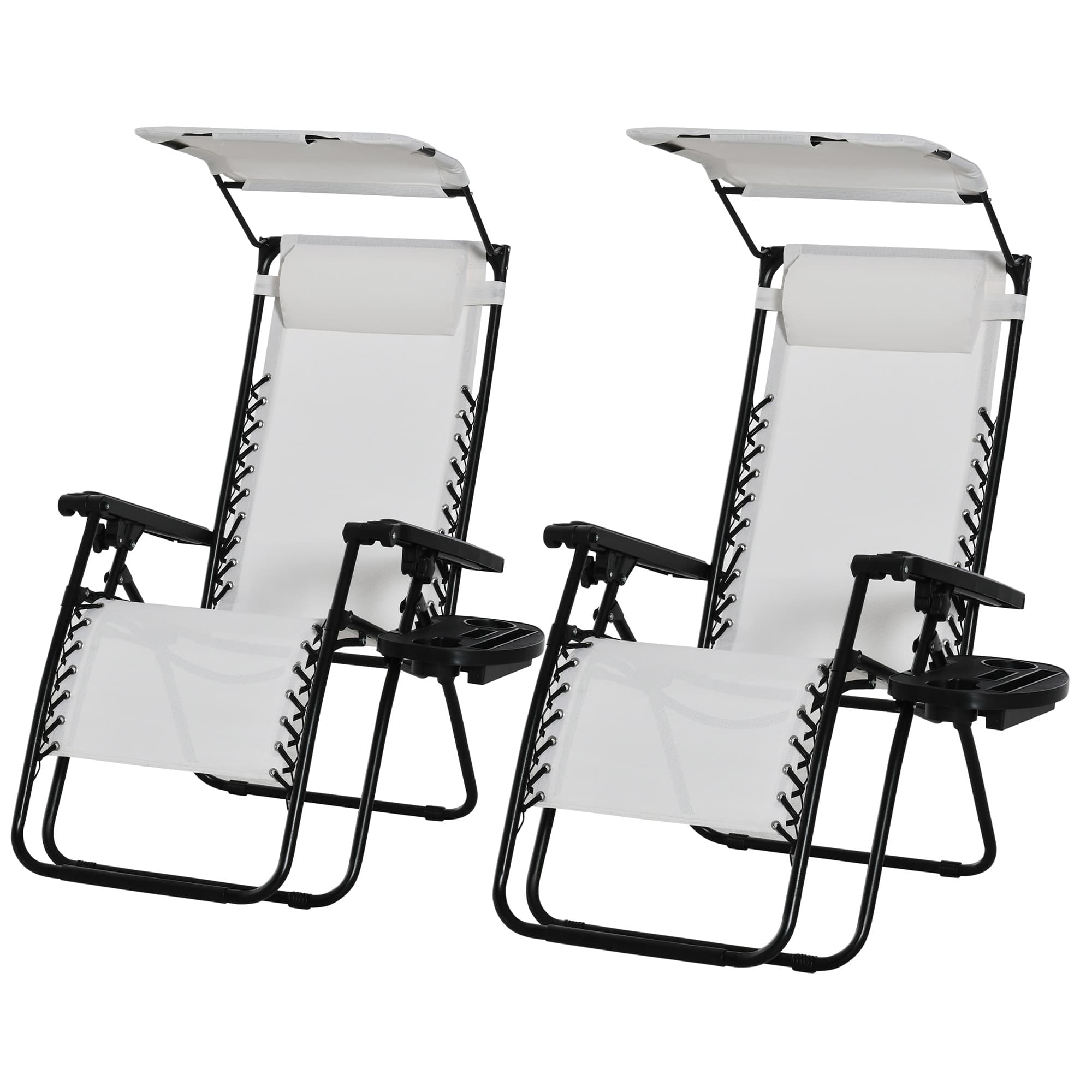 Outsunny 2 Piece Foldable Reclining Garden Chair with Headrest, Zero Gravity Deck Sun Lounger Seat Chair with Footrest, Armrest, White