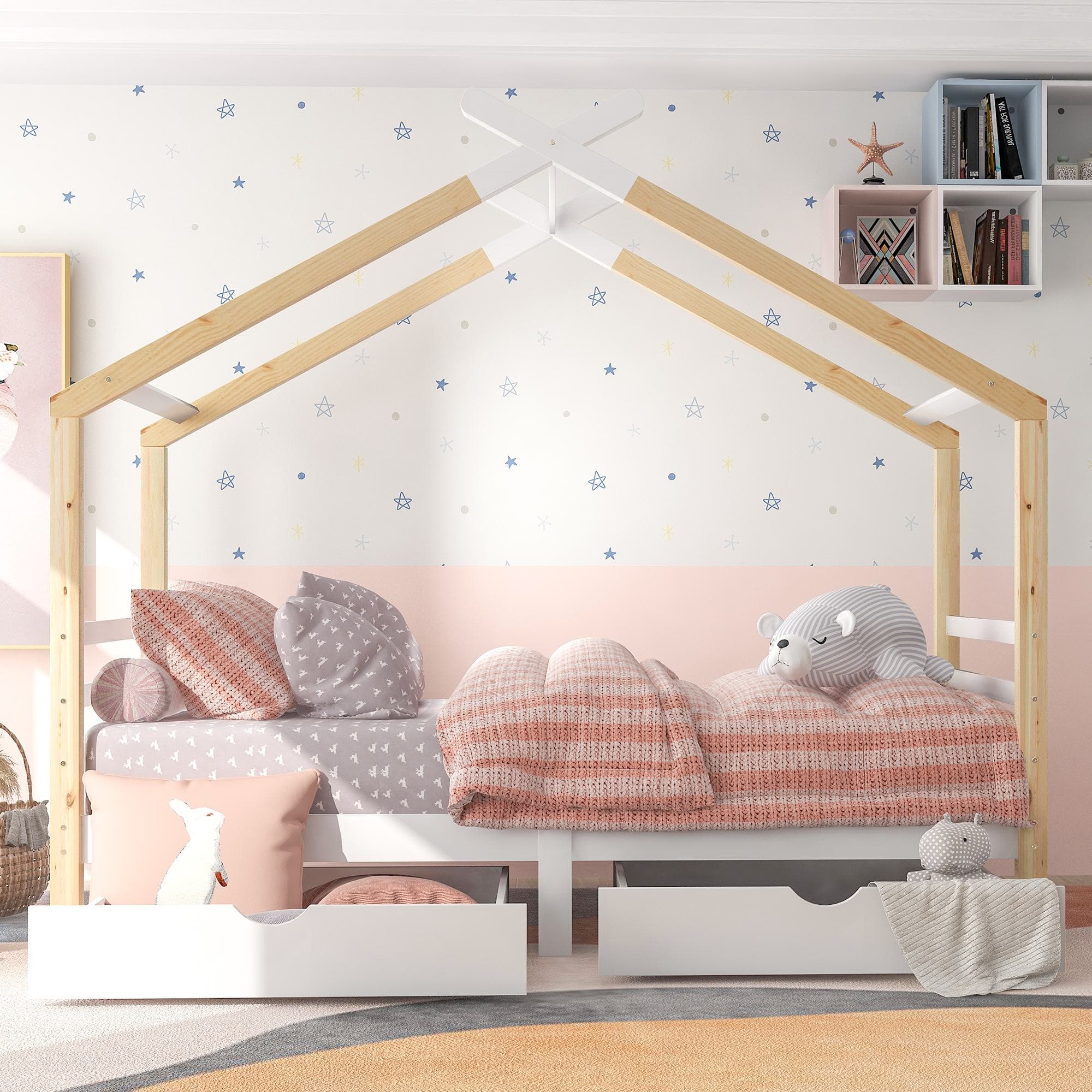 Tree House Canopy Bed With Underbed Storage Drawers, Solid Pine Wood Bed with Safety Rail Guards for Kids, 200x96x183 cm, Natural | Aosom UK