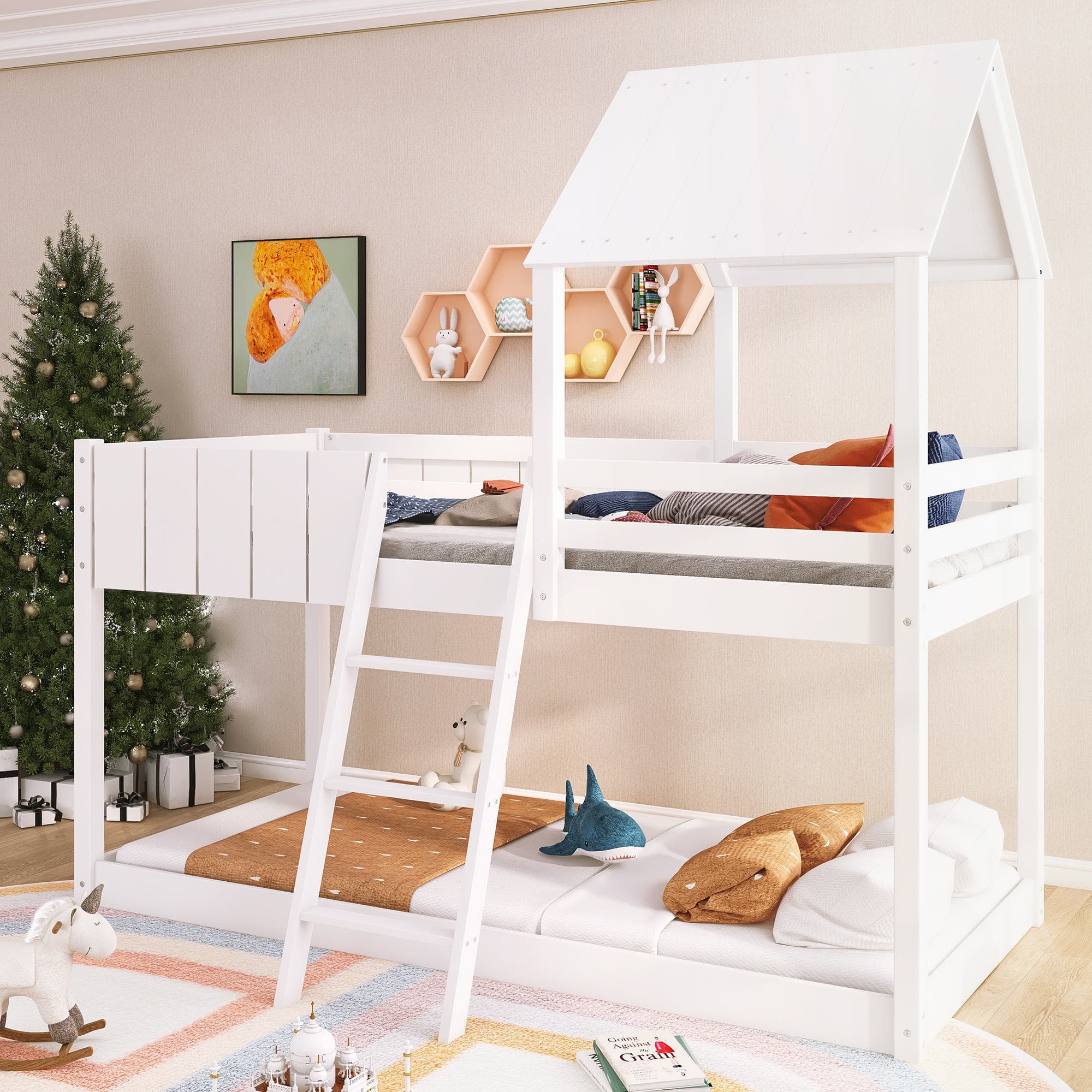 Wooden Mid Sleeper Beds with Treehouse Canopy, Ladder and Guard Rail, Bunk Beds for Kids with Space-Saving Design, 197.5x97x196 cm, White | Aosom.UK