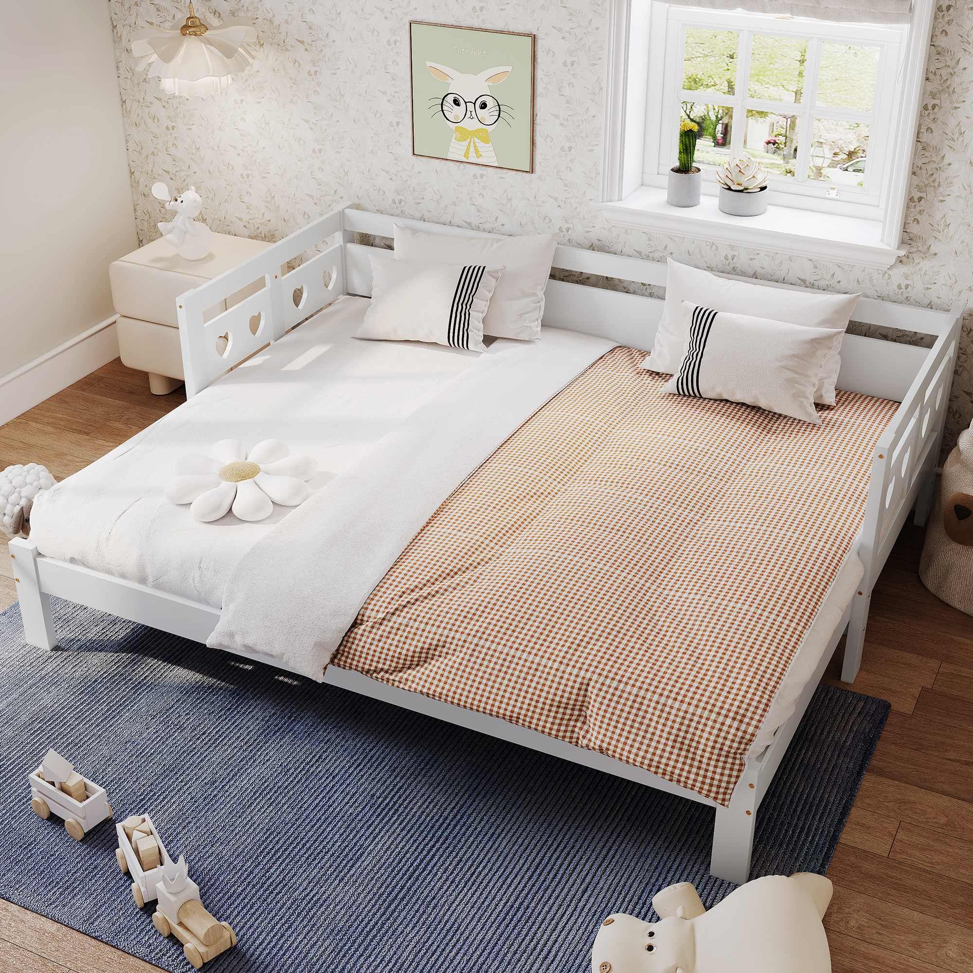 Heart-Shaped Wooden Daybed Frame with Pull-Out Trundle, 3FT Single Sofa Bed for Children Adults, Guest Bed for Bedroom, White | Aosom UK