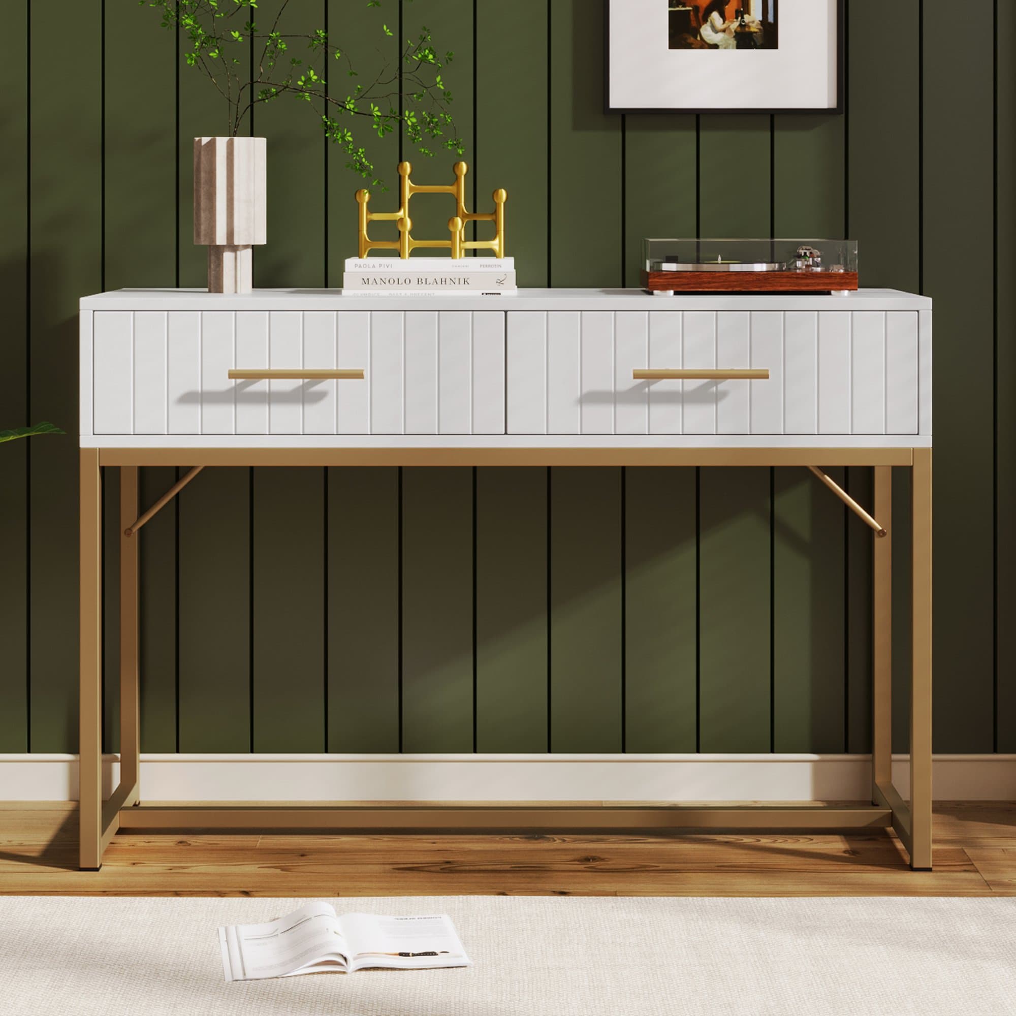 Modern Dressing Table with 2 Drawers, Highboard Bedroom Chest, White Sideboard, Particle Board and Metal Construction, 75x100x45 cm, White | Aosom UK