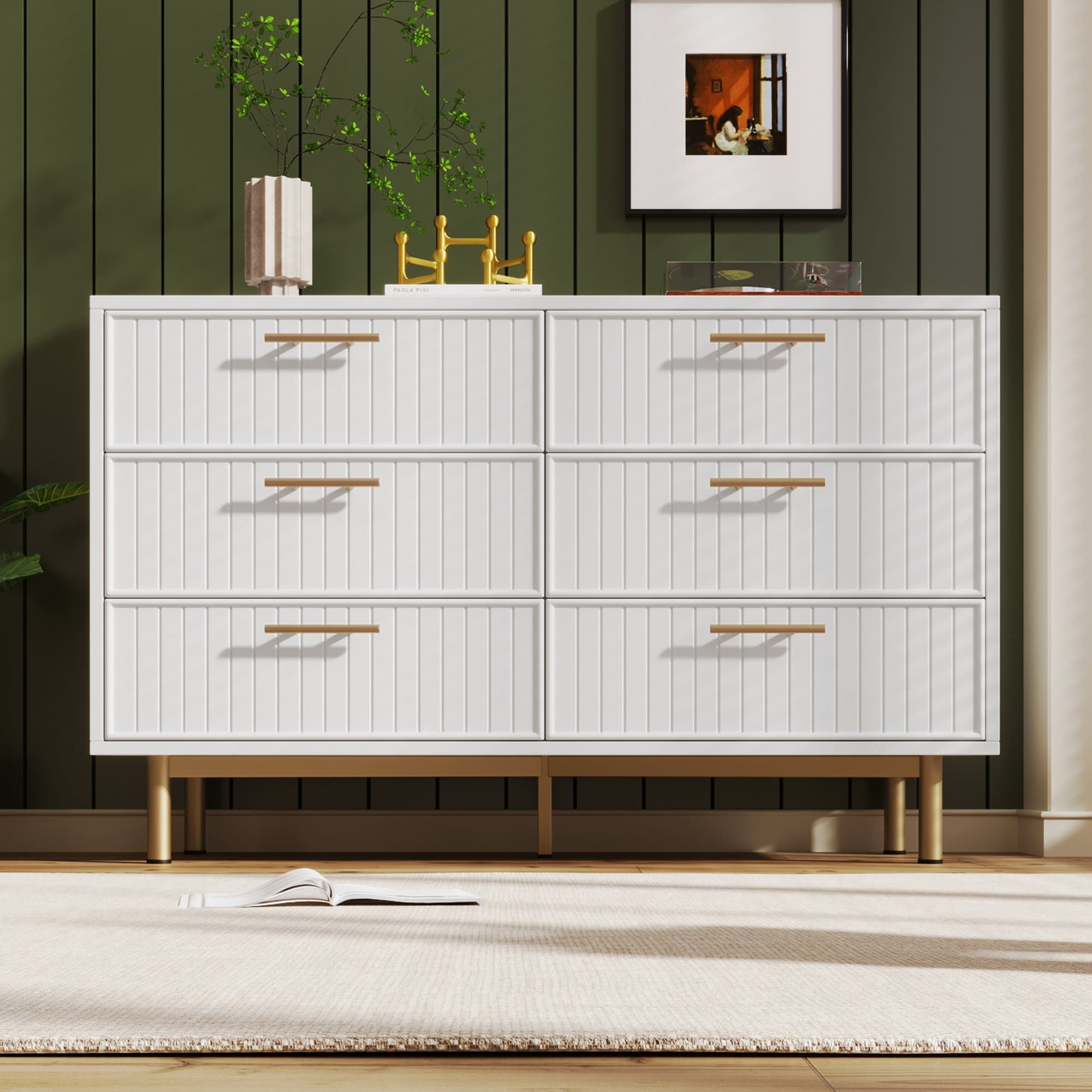 Modern Sideboard Storage Cabinet with 6-Drawer Chest, Adjustable Metal Leg and Decorative Handles, for Living Room, 120x40x75.5 cm, White | Aosom UK