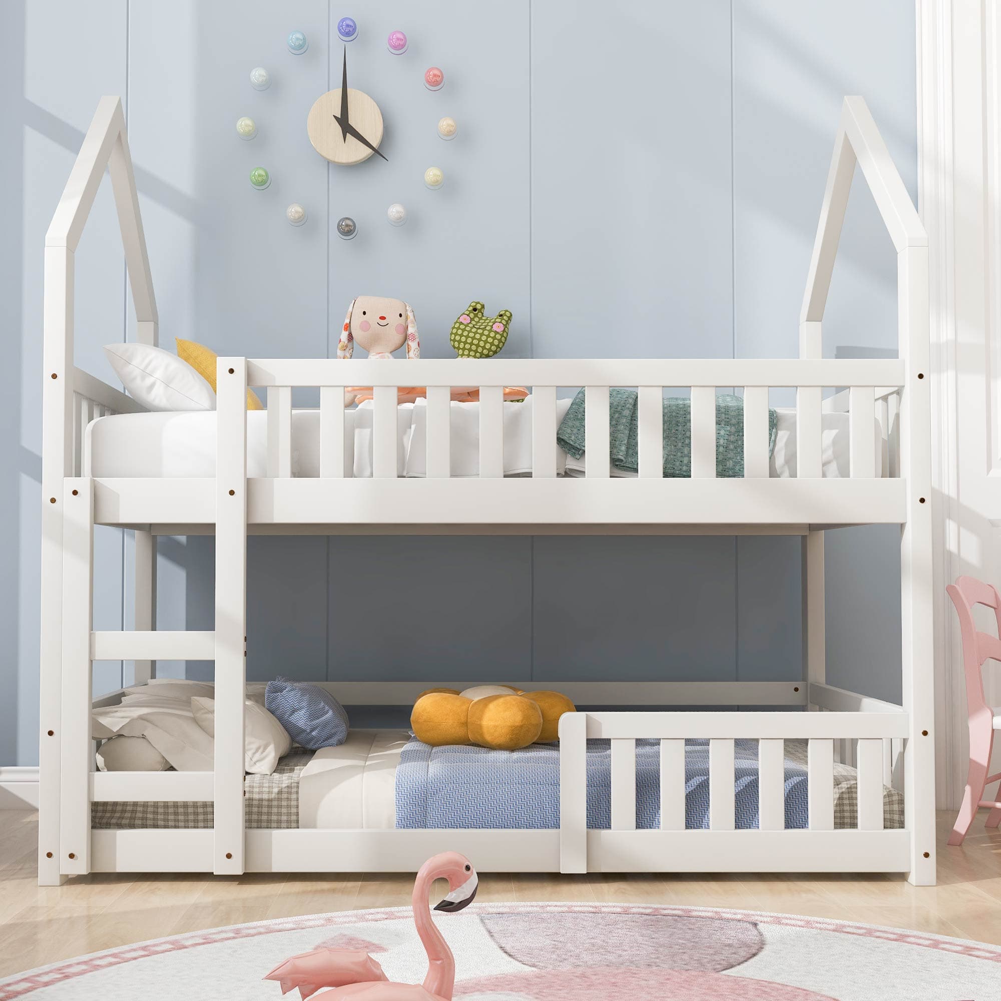 Castle-Shaped Bunk Bed with Ladder, Solid Wood Frame with Full-length Guardrail,EN 747-1 Certified, for Children Kids,195x98x192 cm, White | Aosom UK