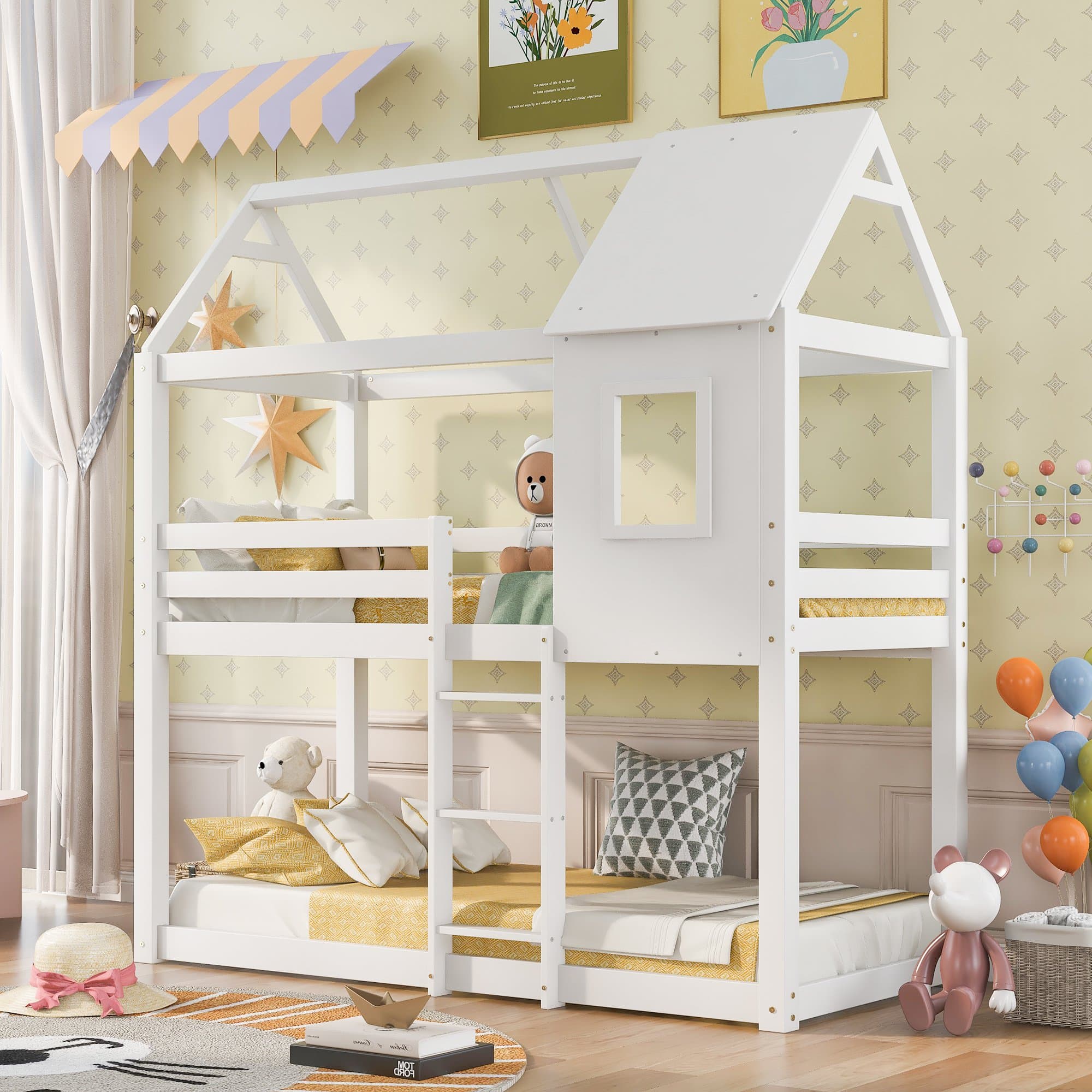 Children's Bunk Bed with Convertible Step Ladder and Window, Solid Pine Twin Sleeper, Twin over Full Bunk Bed, for Kids, White | Aosom UK