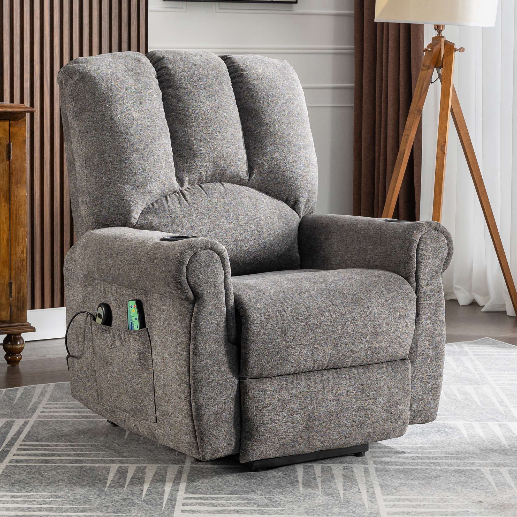 Electric Power Lift Recliner Chair with Single Motor, Heated Massage, Stand Assist, Storage Pockets, Cup Holders, 91x90x108 cm, Grey | Aosom UK