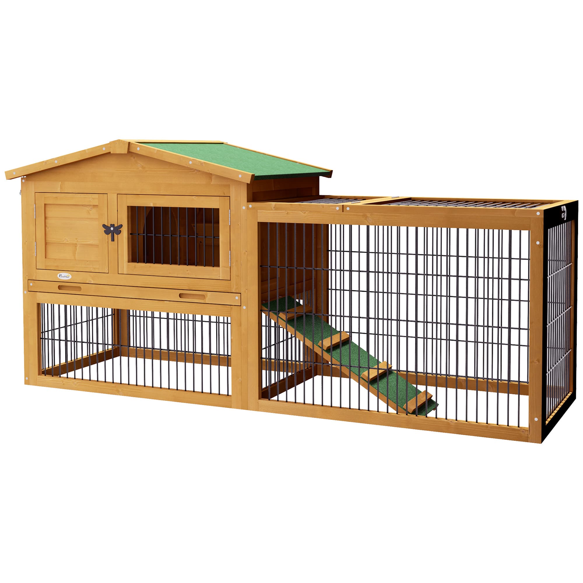 PawHut 2-Level Wooden Rabbit Hutch with Outdoor Run & Green Roof, Yellow, Ideal for Small Rabbits & Pets | Aosom UK