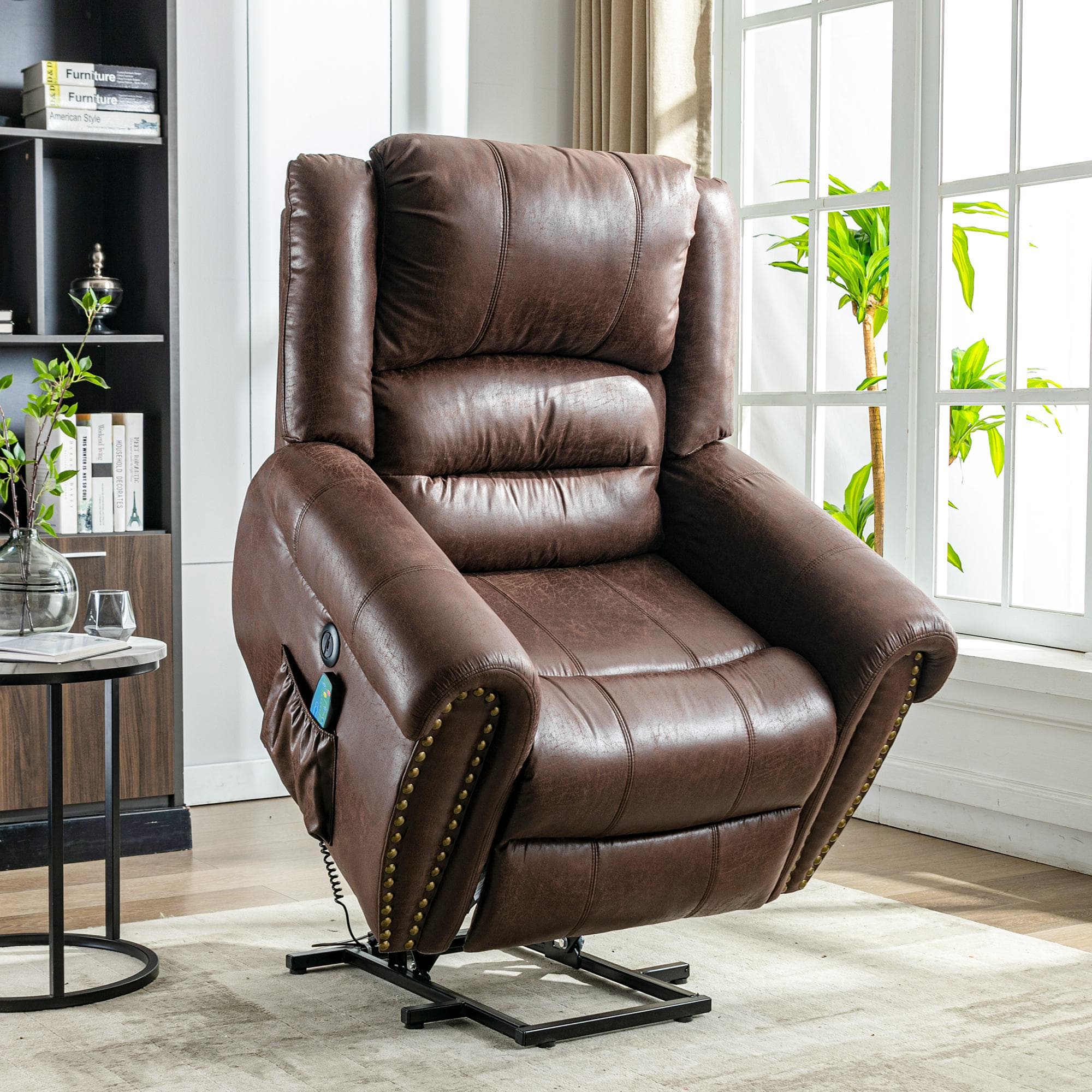 Large Power Lift Recliner Chair with Heating Massage Points, Heavy Duty Electric Recliner USB Port, Side Pockets, 104x106x102 cm, Brown | Aosom UK