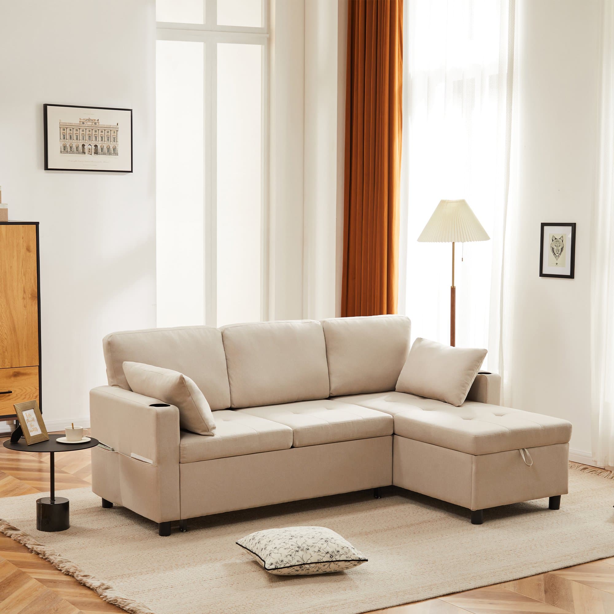 Linen Look L-Shaped Corner Sofa Bed with Storage, 3 Seater Convertible Settee with Cup Holders and Magazine Pockets, 212x141x87.5 cm, Beige | Aosom UK