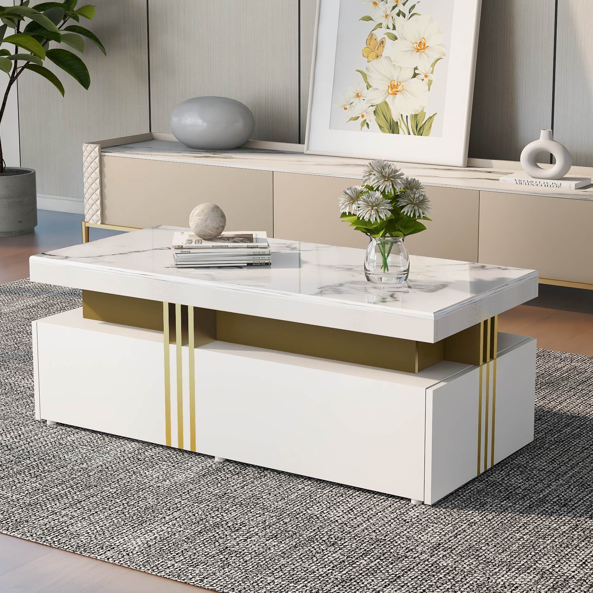 Modern Rectangular Coffee Table with Marble Veneer Top and 2 Wooden Drawers, Table in Trendy Design for Living Room, 100x50x40 cm, White | Aosom UK