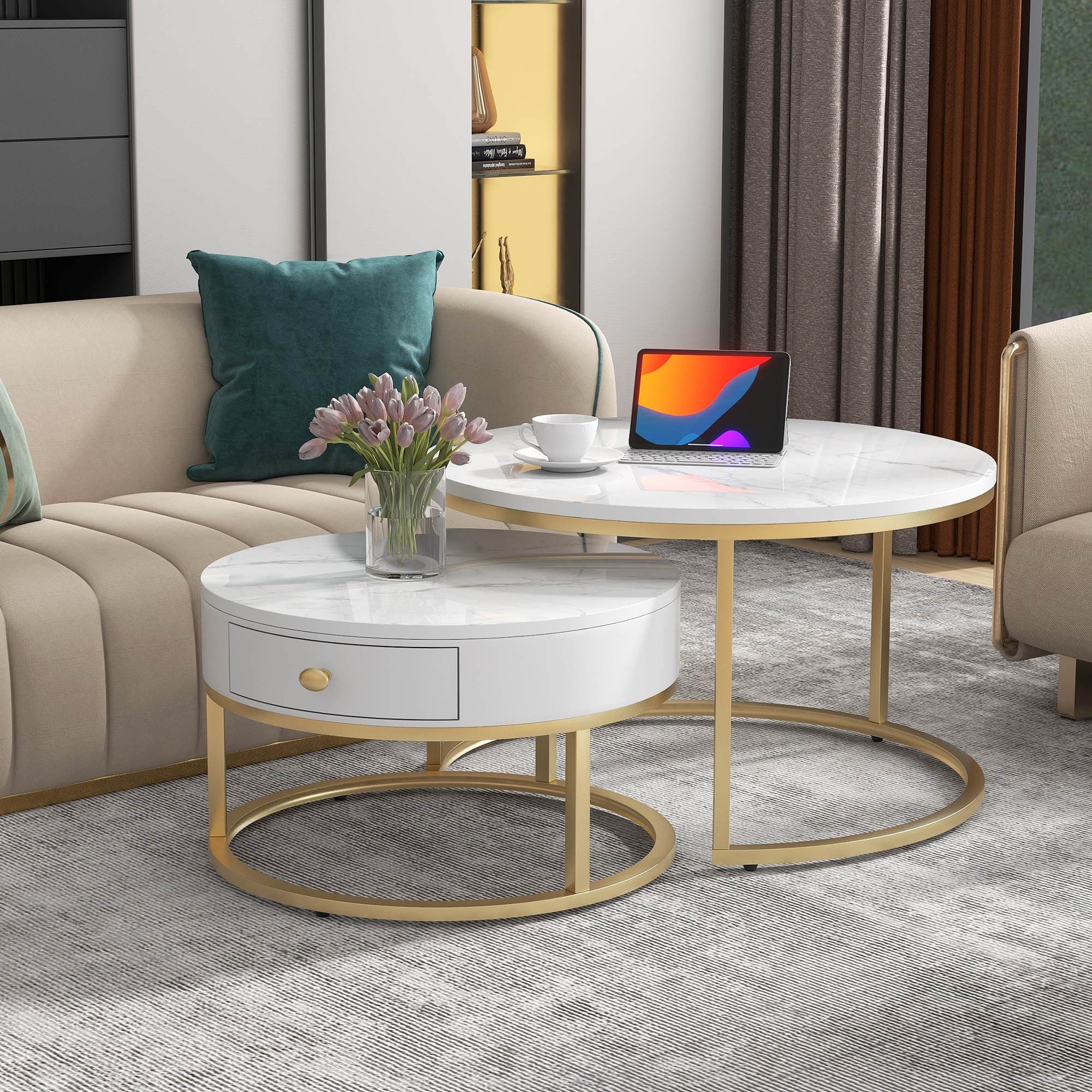 Round Nesting Coffee Tables with Drawer, Set of 2 with Storage, Gold Metal Frame and Marble Pattern Top for Living Room and Office, White | Aosom UK