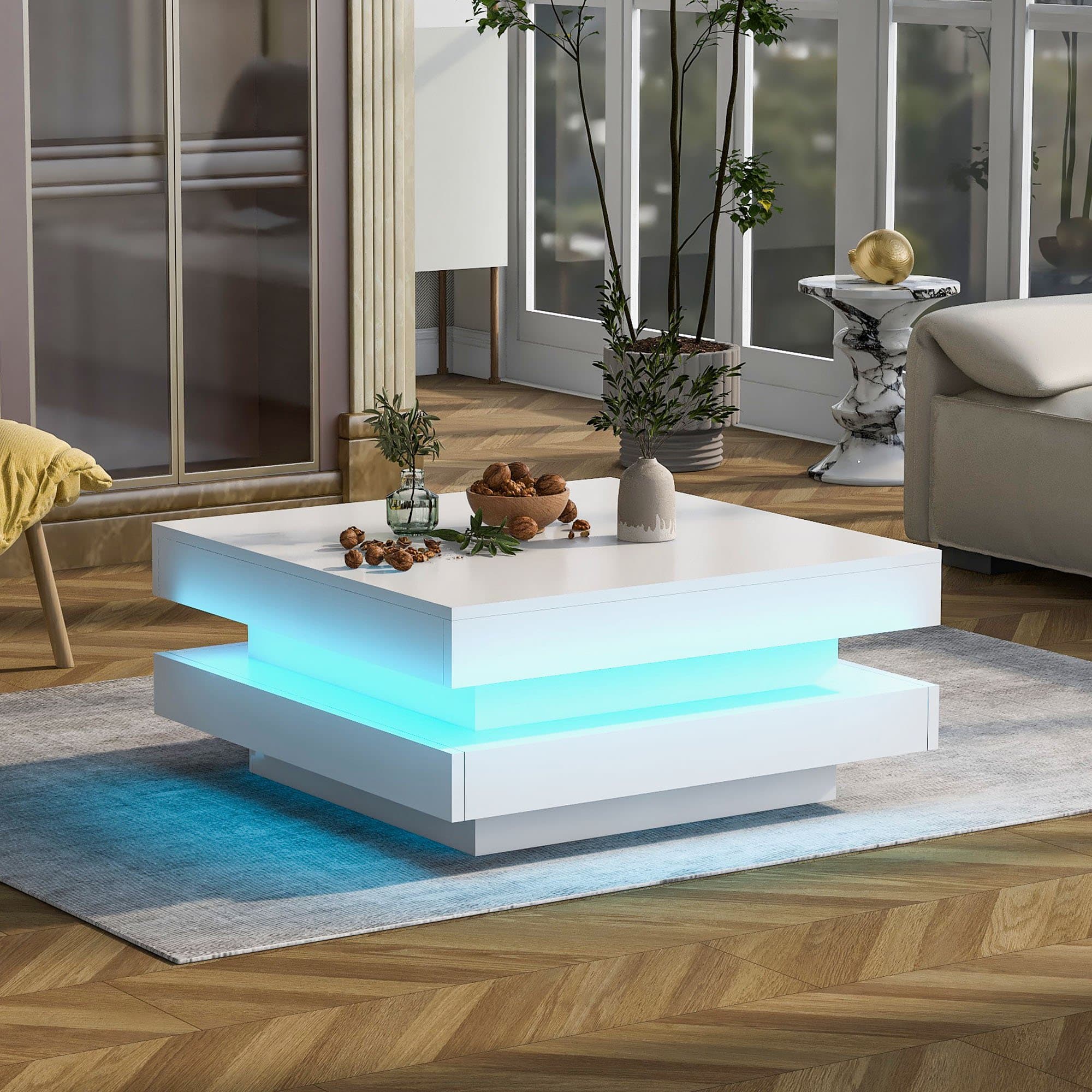 High Gloss Lift Top Coffee Table with Rotating Top and 16-Colour LED Light,  Square 2-Tier Storage Modern Center Table, 70x70x36 cm, White | Aosom UK