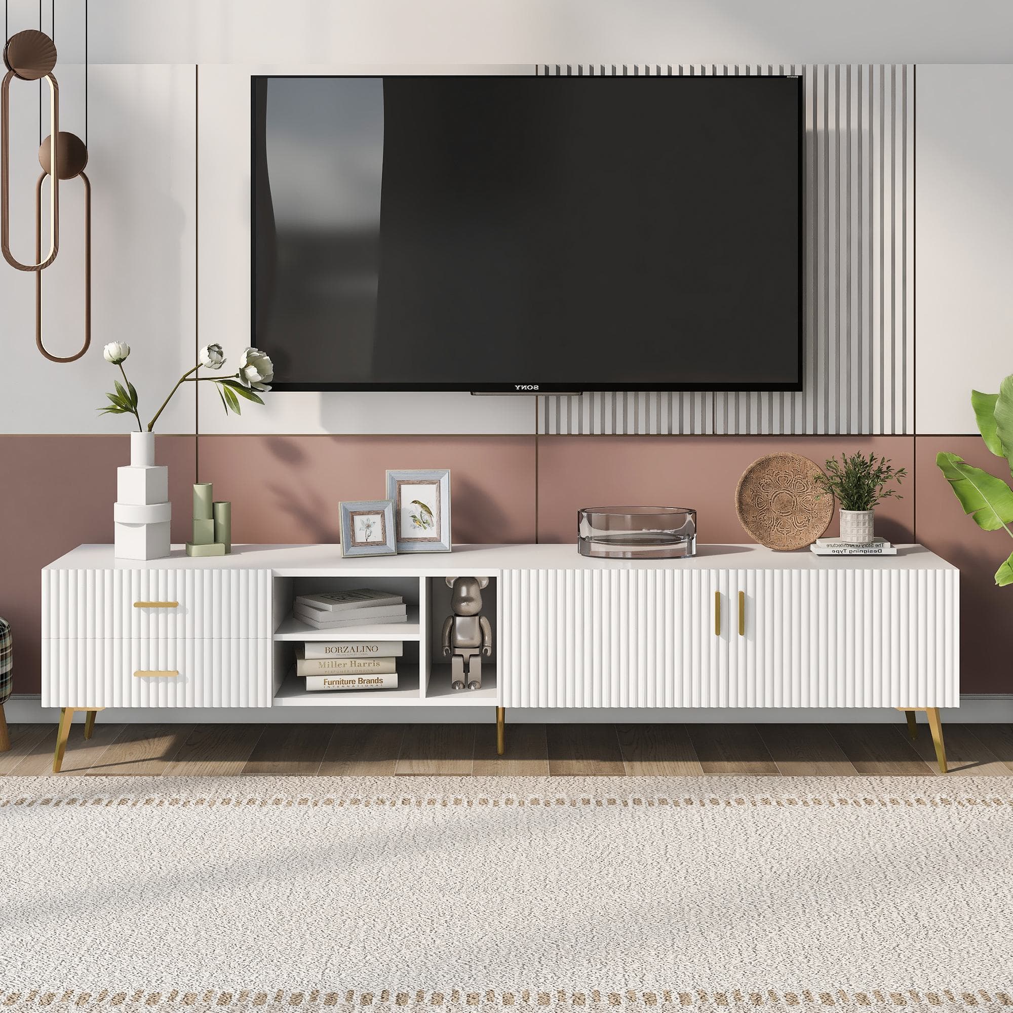 Modern TV Units with Storage for 75-Inch Televisions, MDF Construction, Metal Legs, Corner TV Stand for Living Room, 180x35x41 cm, White | Aosom.UK