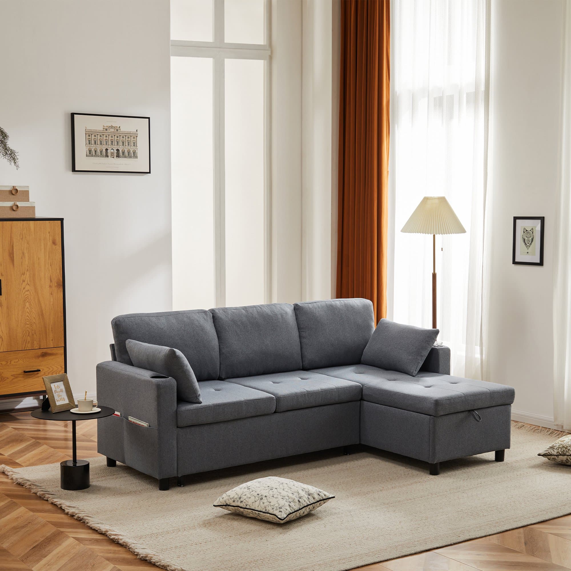 L-Shaped Corner Sofa Bed with Storage, 3 Seater Pull-Out Convertible Settee with Cup Holders and Magazine Pockets, 212x141x87.5 cm, Grey | Aosom UK