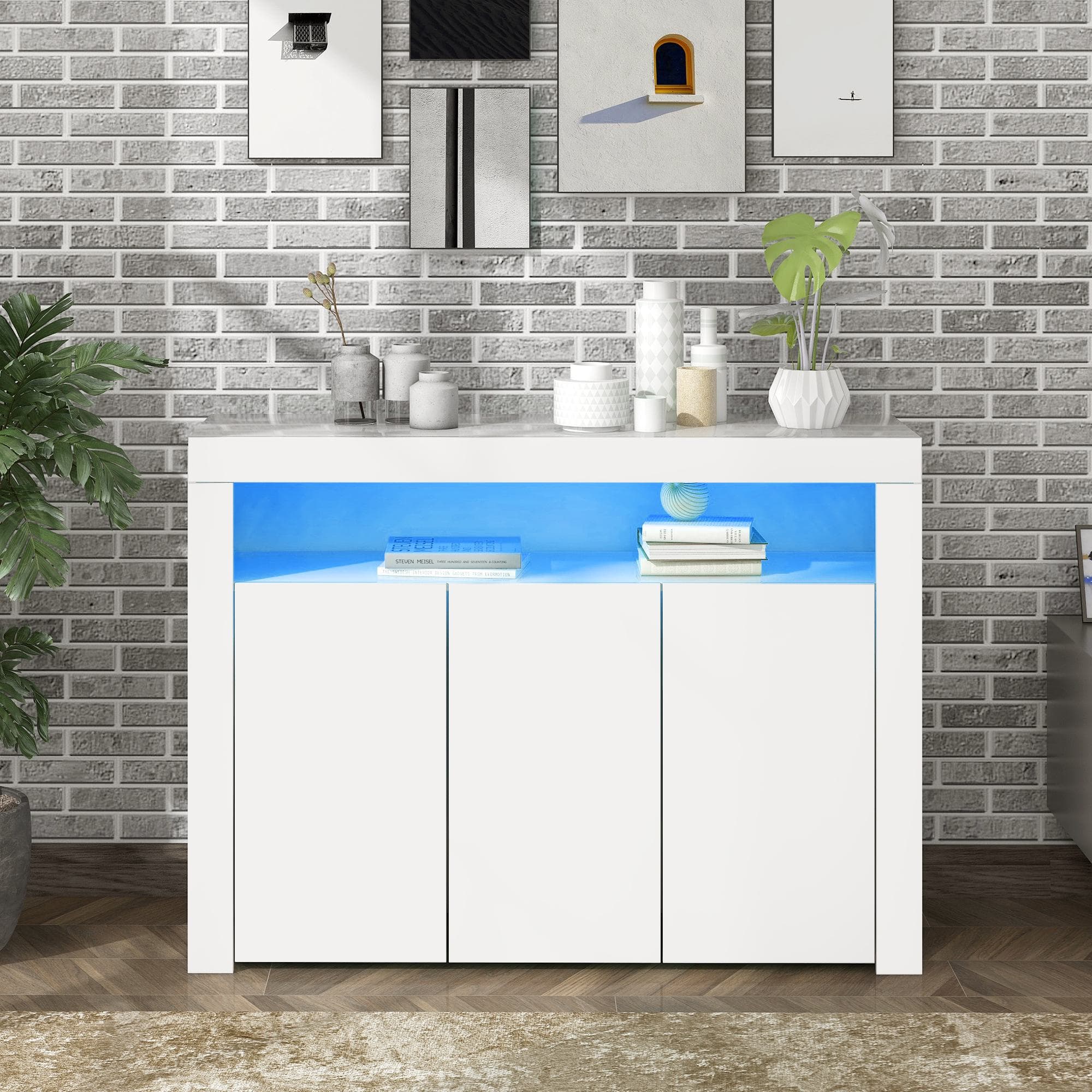 Modern Sideboard Cabinet with LED Lights, High Gloss Design, 3-Door Remote Control Kitchen Unit for Home Decor, 130x35x95 cm, White | Aosom.UK
