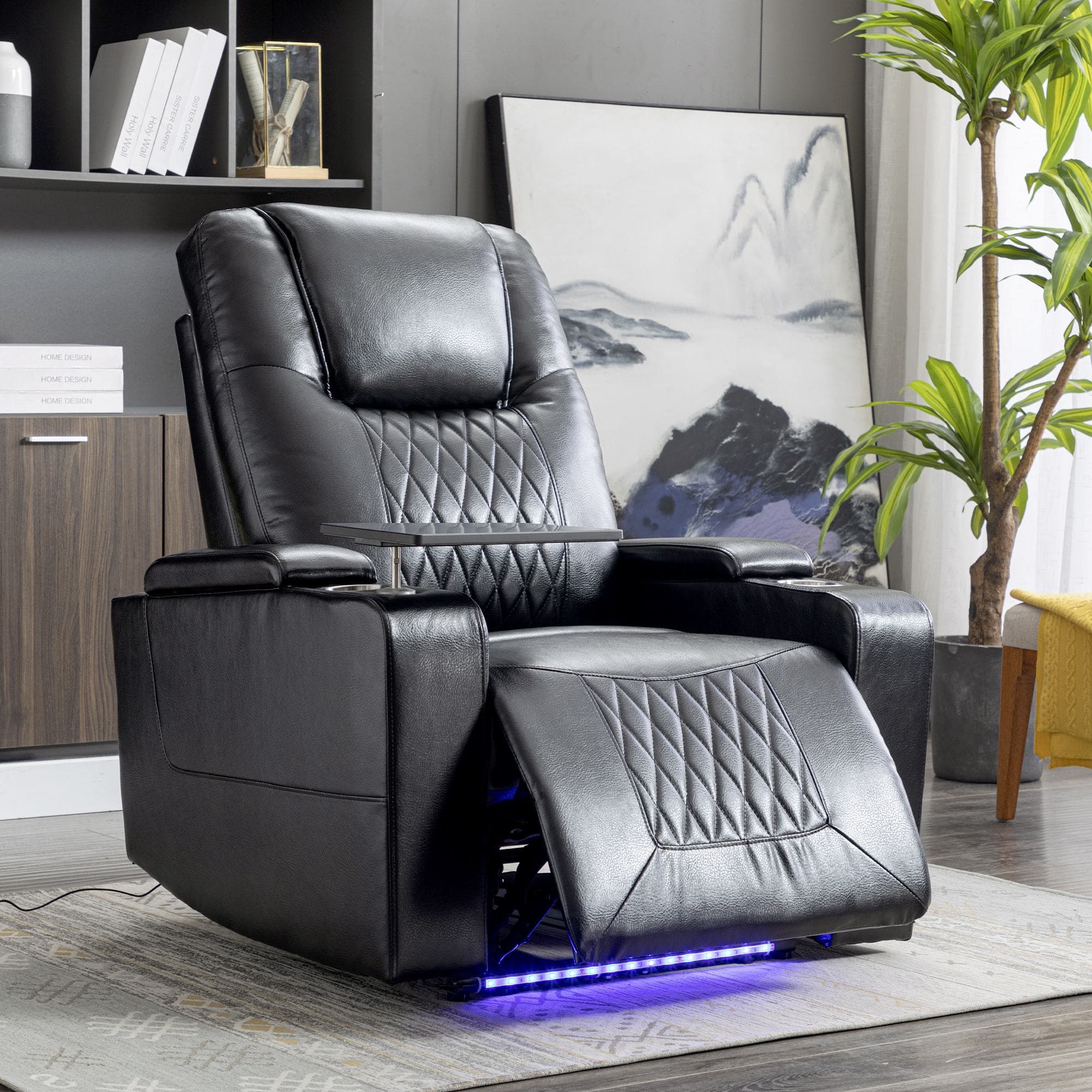 Adjustable Electric Leather Recliner Chair with USB Port, Storage, Ambient Light, 360° Swivel Gaming Recliner Chair, 92x80x108 cm, Black | Aosom.UK