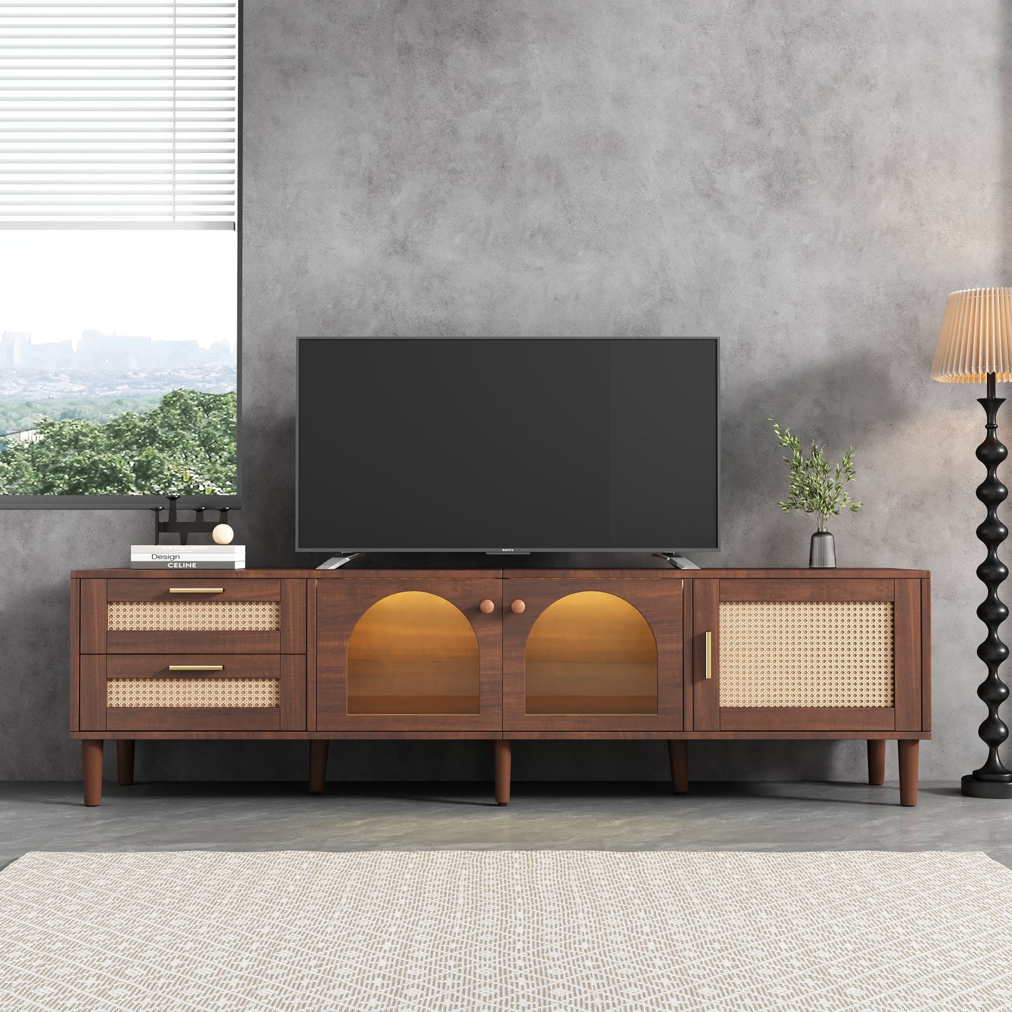 Wooden TV Stand for 80-Inch TV with Curved Rattan Drawers, Glass Doors, LED Lighting Media Unit for Living Room, 180x40x50 cm, Brown | Aosom.UK