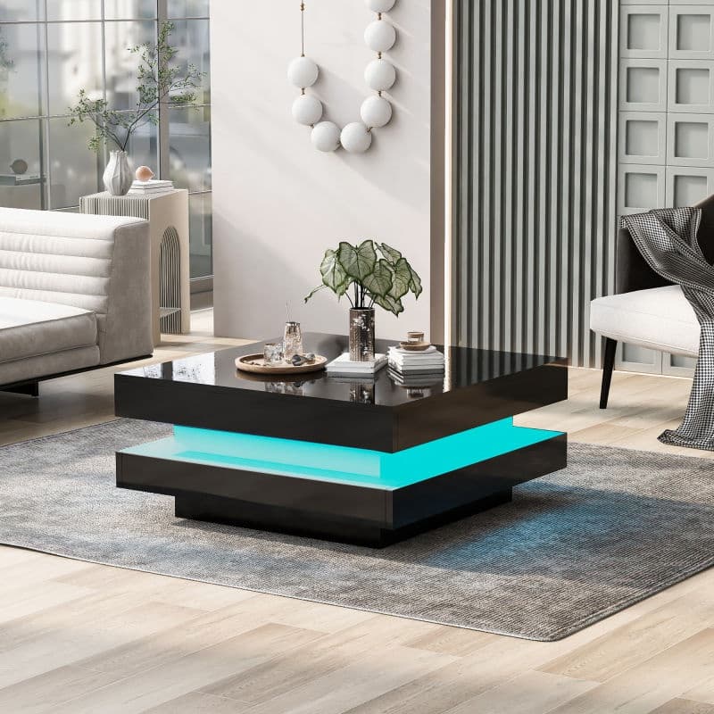 Stylish High Gloss Coffee Table with Rotating Top, 16-Colour LED Light, Lift Top Rectangular Sofa Table for Living Room, 70x70x36 cm, Black | Aosom.UK