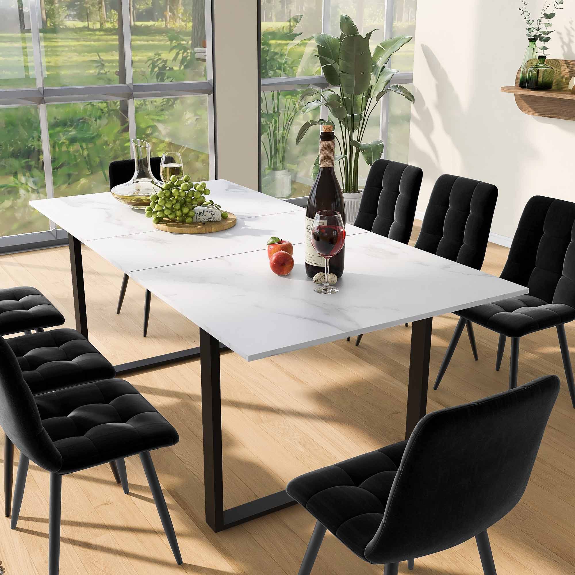 Telescopic Oblong Dining Table with Iron Metal Legs, MDF Marble Top, Extendable Table for Dining Room, Living Room, 180x80x75 cm, White | Aosom.UK