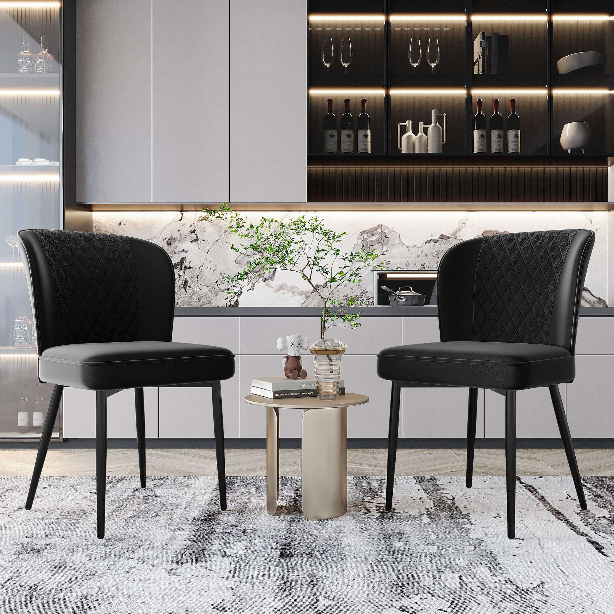 Set of 2 Modern Velvet Black Dining Chairs with 4 Metal Legs, Lounge Chair with Backrest for Dining Room, Living Room, 47x43x86 cm, Black | Aosom.UK