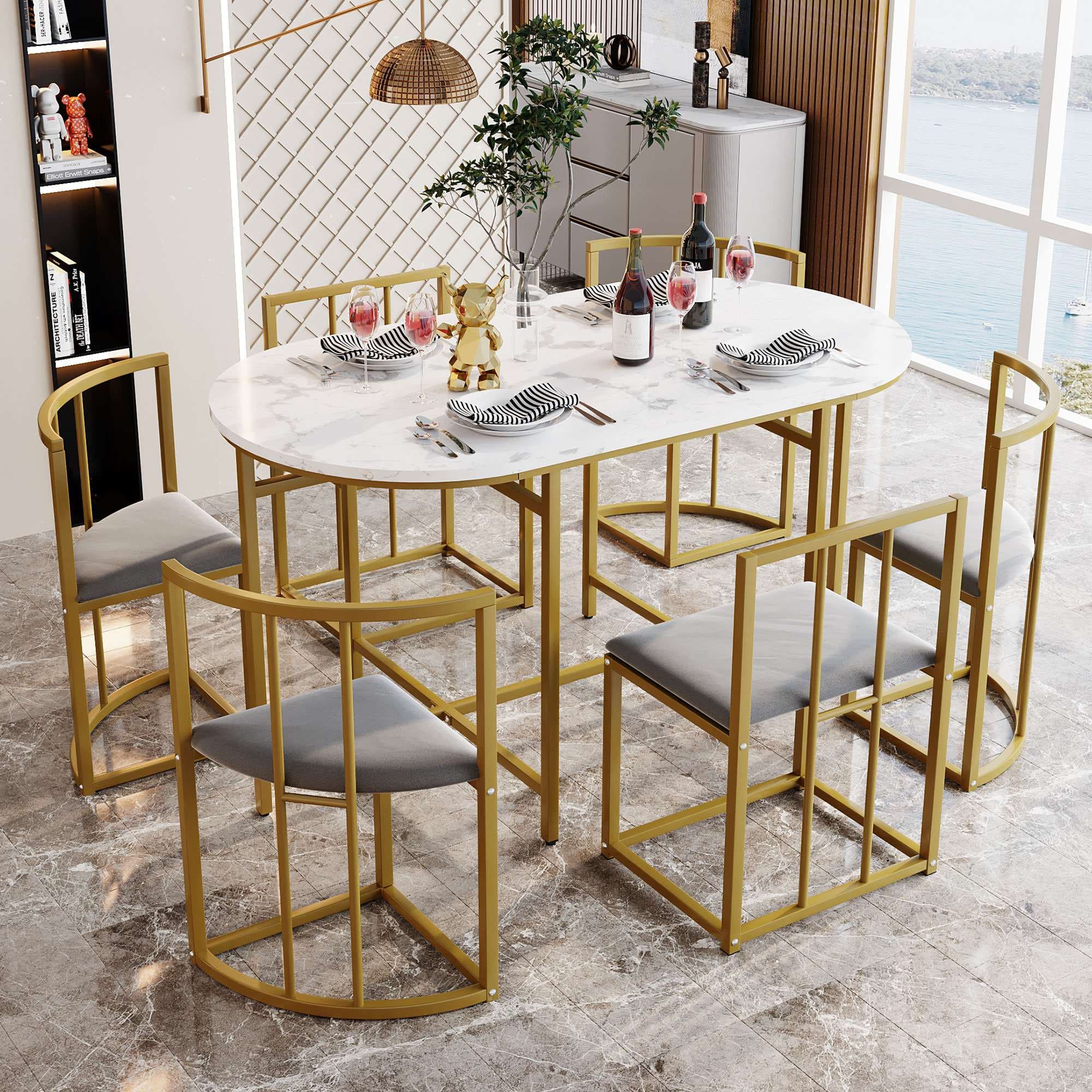 Modern Dining Table and 6 Chairs with Backrests and Upholstery, Dining Table Set with Marble Pattern, Gold Iron Frame, 140x80x76 cm, Gold | Aosom UK