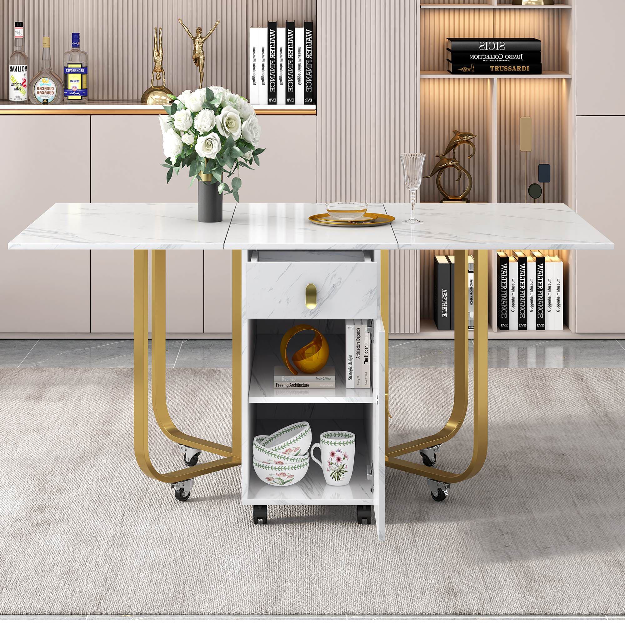 Folding Extendable Dining Table with Cupboard and 2 Drawers, Space-Saving Utility Table with Castors and Adjustable Legs, White/Gold | Aosom UK