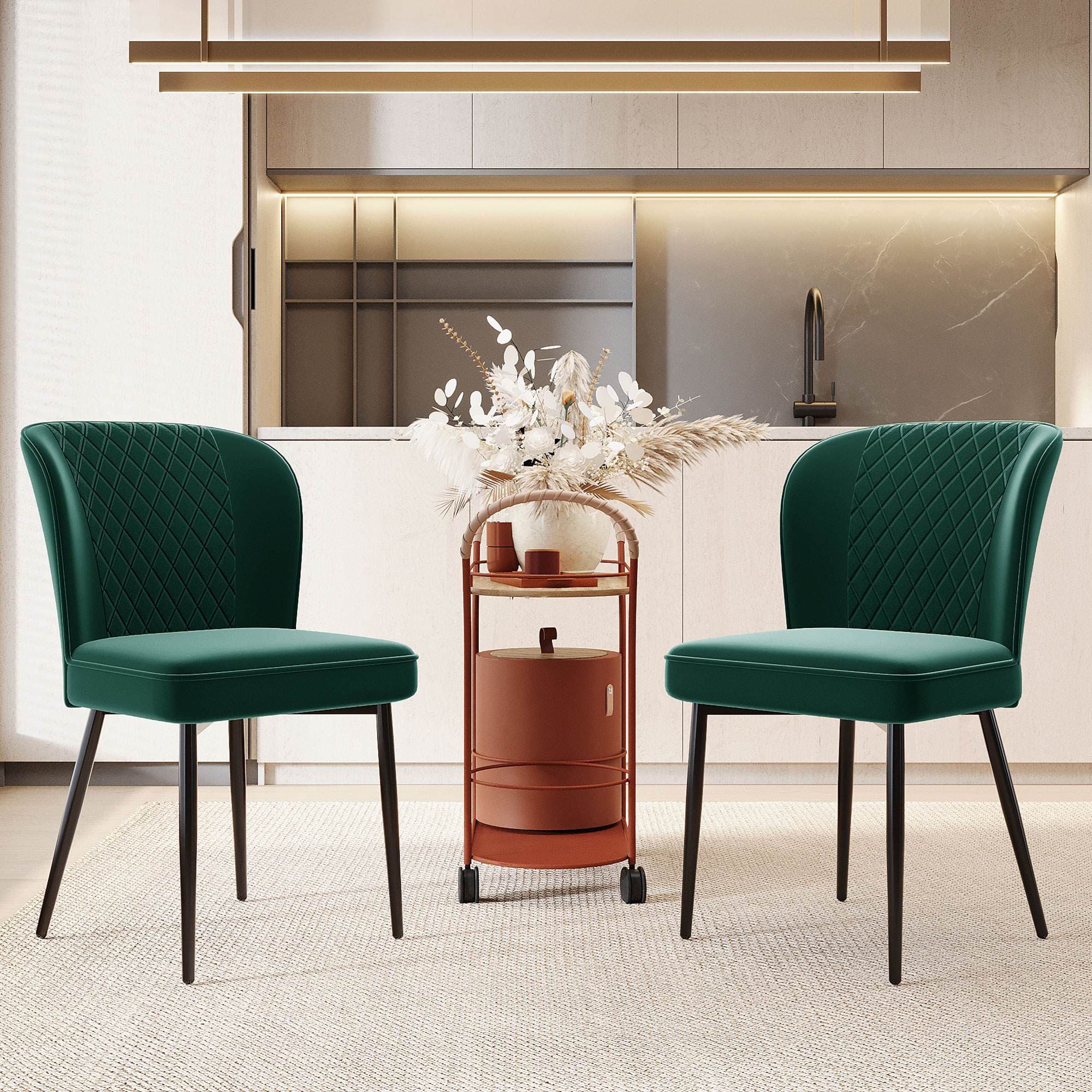 Set of 2 Upholstered Modern Wingback Chair with Metal Legs, Velvet Accent Chairs for Dining Room, Living Room, Kitchen, 47x43x86 cm, Green | Aosom.UK