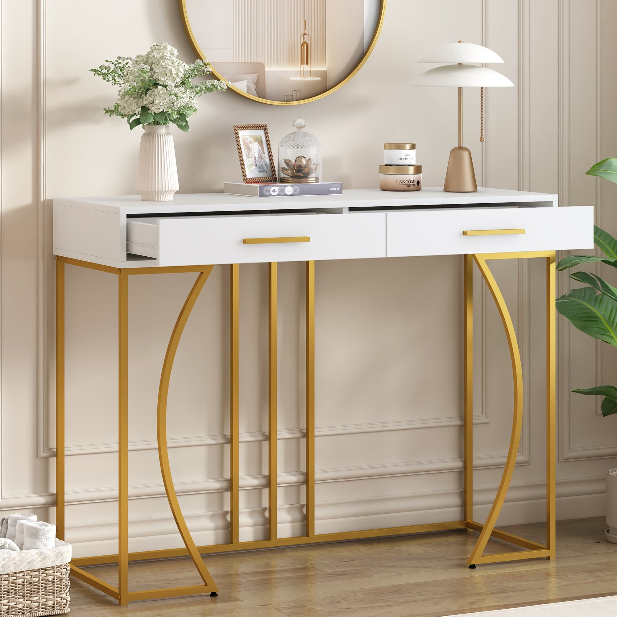 Console Table with 2 Drawers and Adjustable Legs, Light Modern Entryway Table with Metal Frame & Gold-plated Handle, 2 Drawers, 120x38x76 cm, White | Aosom UK