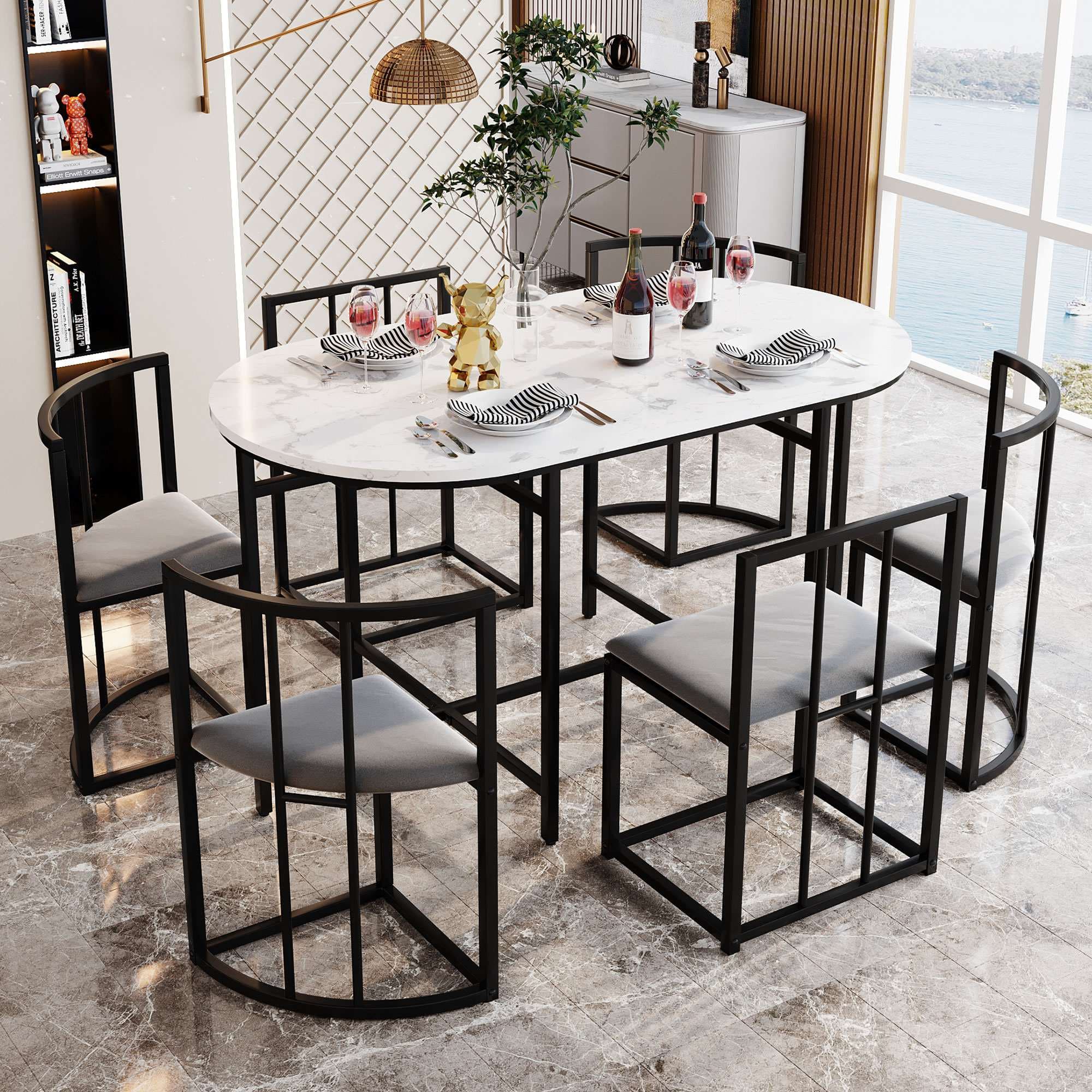 Modern Dining Table and 6 Chairs with Backrests and Upholstery, Dining Table Set with Marble Pattern, Gold Iron Frame, 140x80x76 cm, Black | Aosom UK