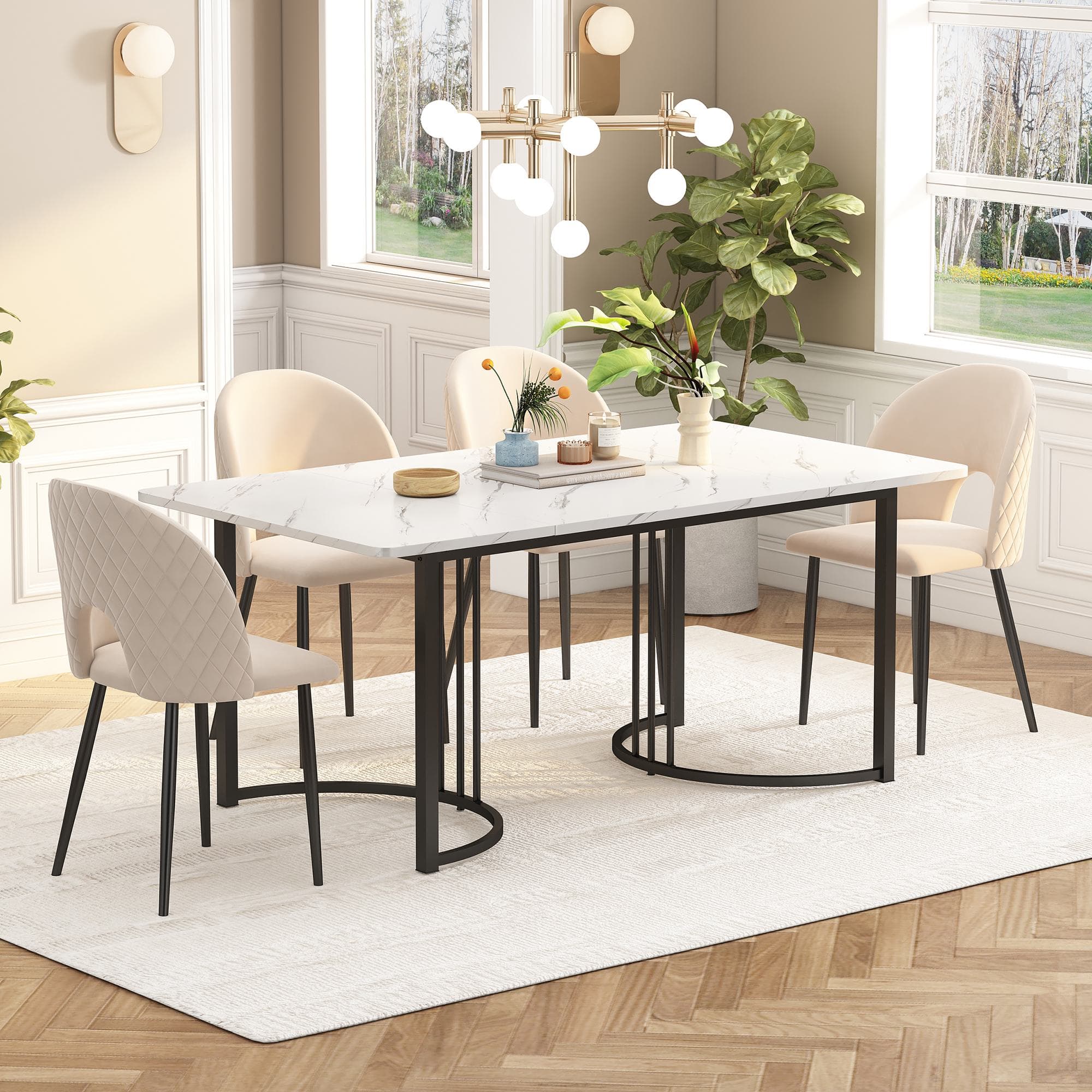 Modern Rectangular Extendable Dining Table with Adjustable Feet and Marble Pattern Top, Table Metal Frame, 140x80x75 cm, White/Black | Aosom UK
