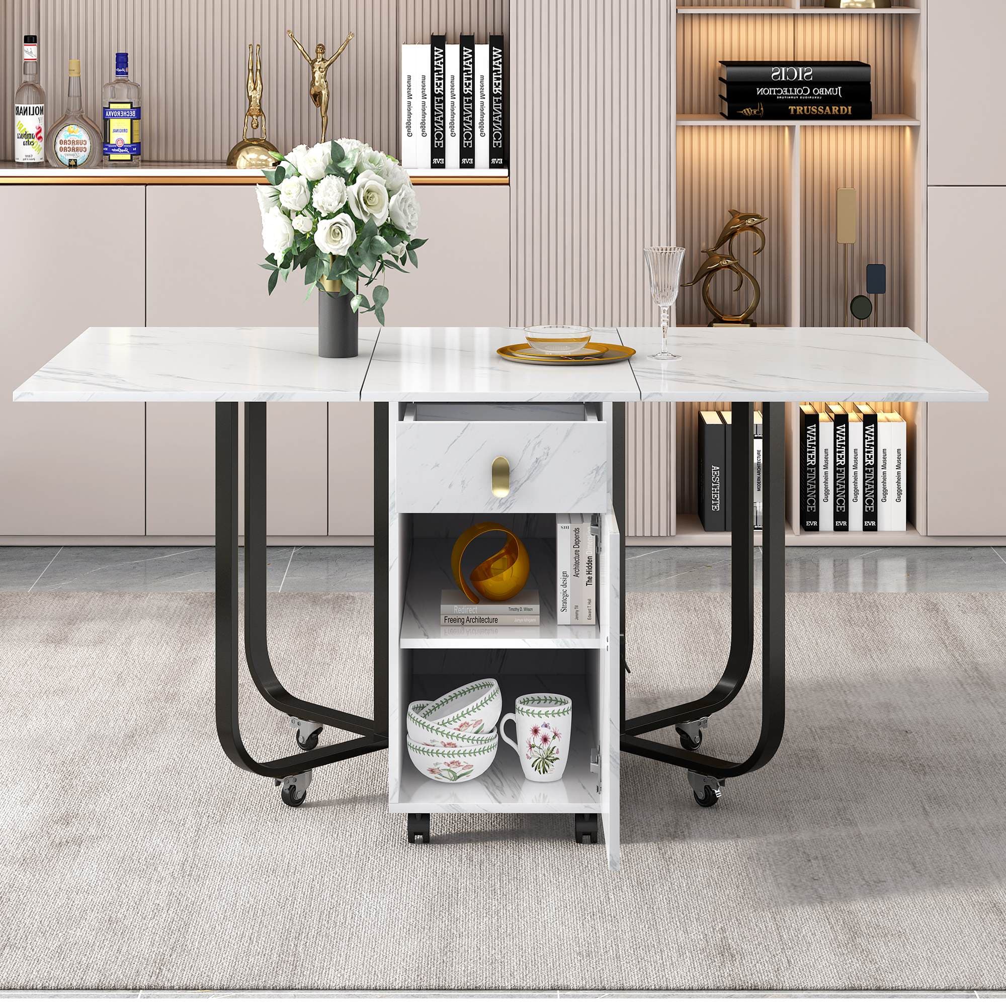 Folding Dining Table with Drawers and Storage Space, Moeden Extension Table with 3 Folding Modes for Dinning Room | Aosom UK