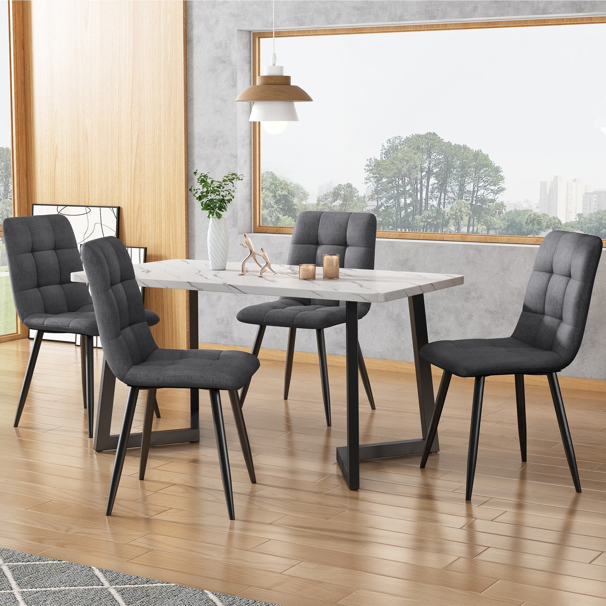 Set of 4 Ergonomic Linen Upholstered Dining Chairs with Metal Frame and Backrest, Dining Chairs for Kitchen, Dining Room, 44x41x86 cm, Gray | Aosom UK
