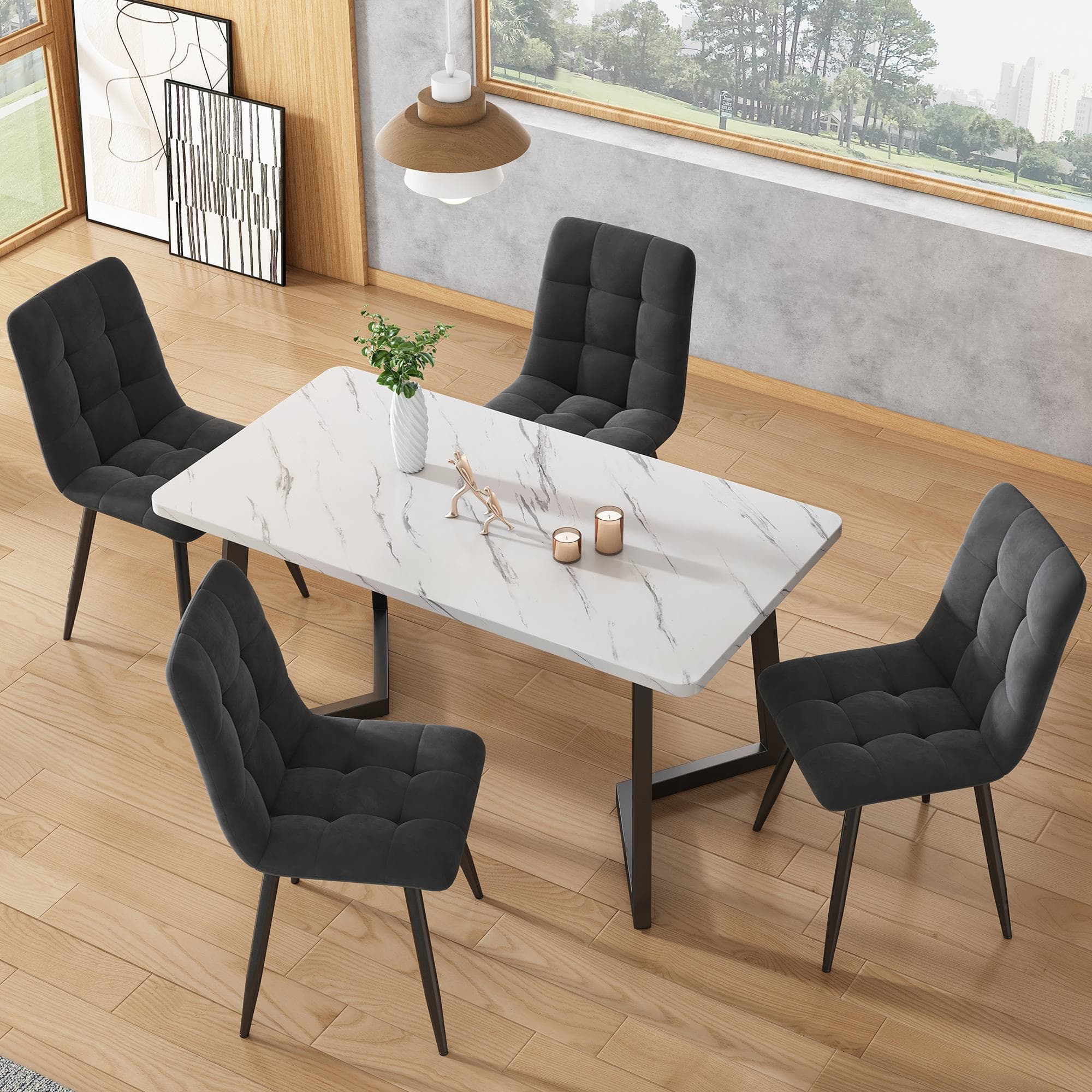Modern Rectangular Marble Coffee Table with Metal Legs, Kitchen Table for Dining Room,V-shaped Support Legs, 117x68x75 cm, White/Black | Aosom UK