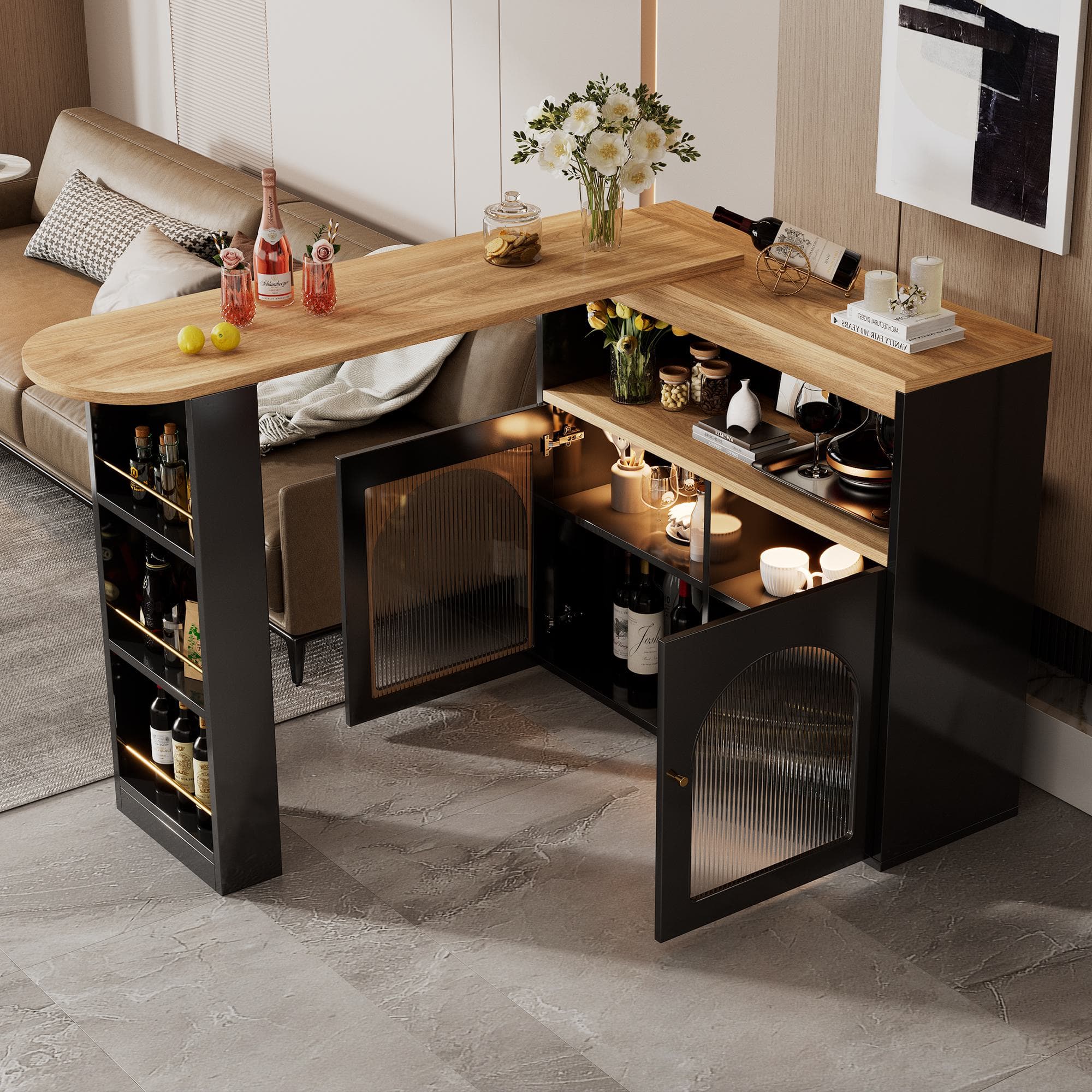 Modern Extendable Dining Table with Storage and LED Strip, Kitchen Island with Extendable Swivel Dining Table, 138-193x39x105 cm, Black | Aosom UK