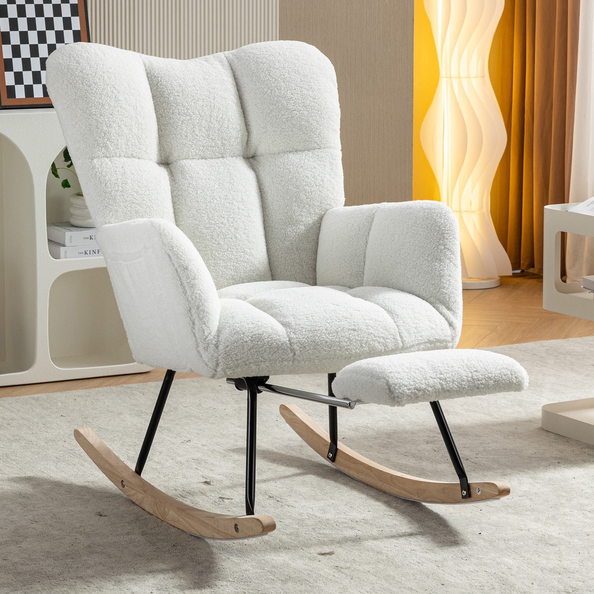 Upholstered Rocking Chair with Teddy Fabric, Pull-out Footrest, Ergonomic Backrest, Modern rocker for Reading, Relaxing, 80x70x95 cm, White | Aosom.UK