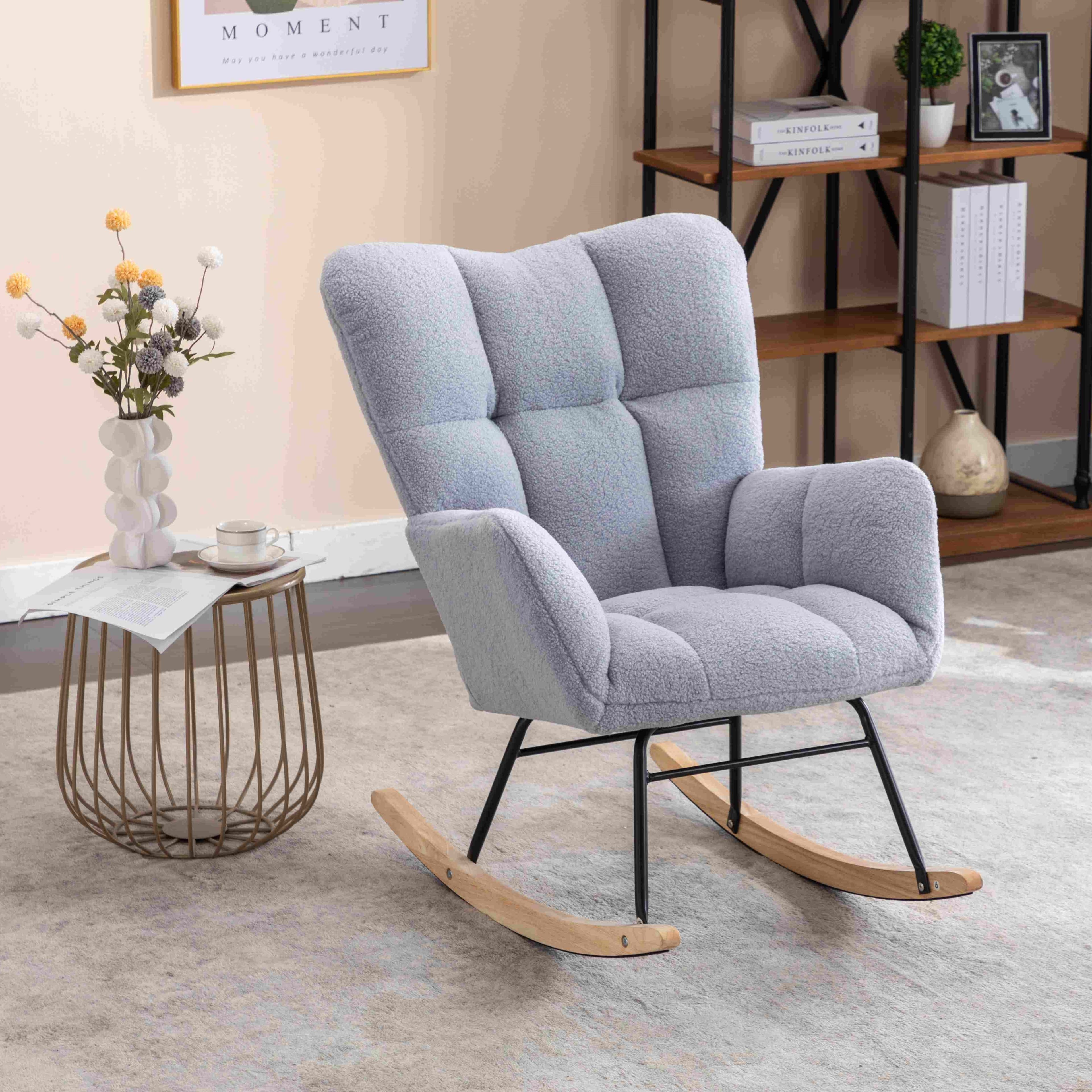 Mid Century Modern Teddy Fabric Tufted Upholstered Rocking Chair with Padded Seat, Rocking Chair for Nursery, 80x70x95 cm, Light Grey | Aosom UK