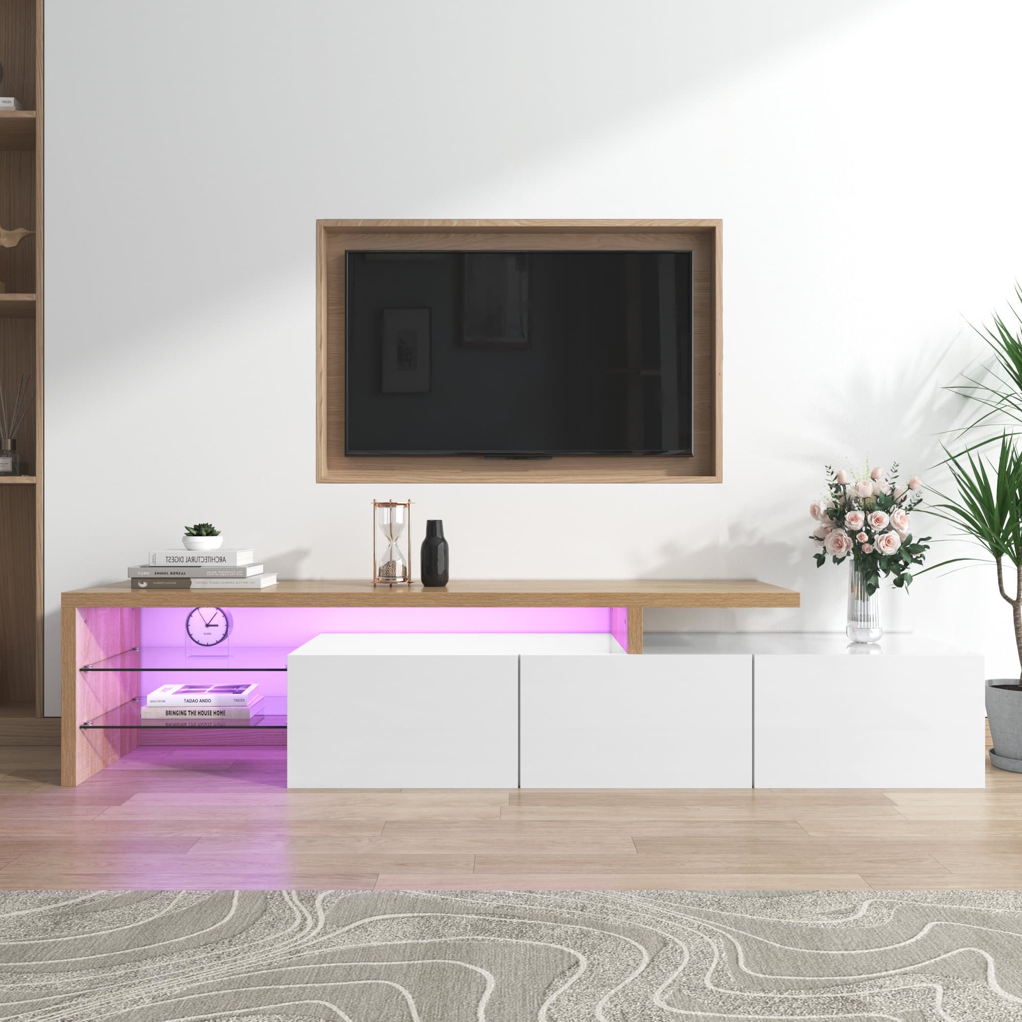 White TV Cabinet with Adjustable LED Light and Storage Shelves, TV Sideboard with High-Gloss Finish for Bedroom, 192.5x39x42 cm, White | Aosom.UK