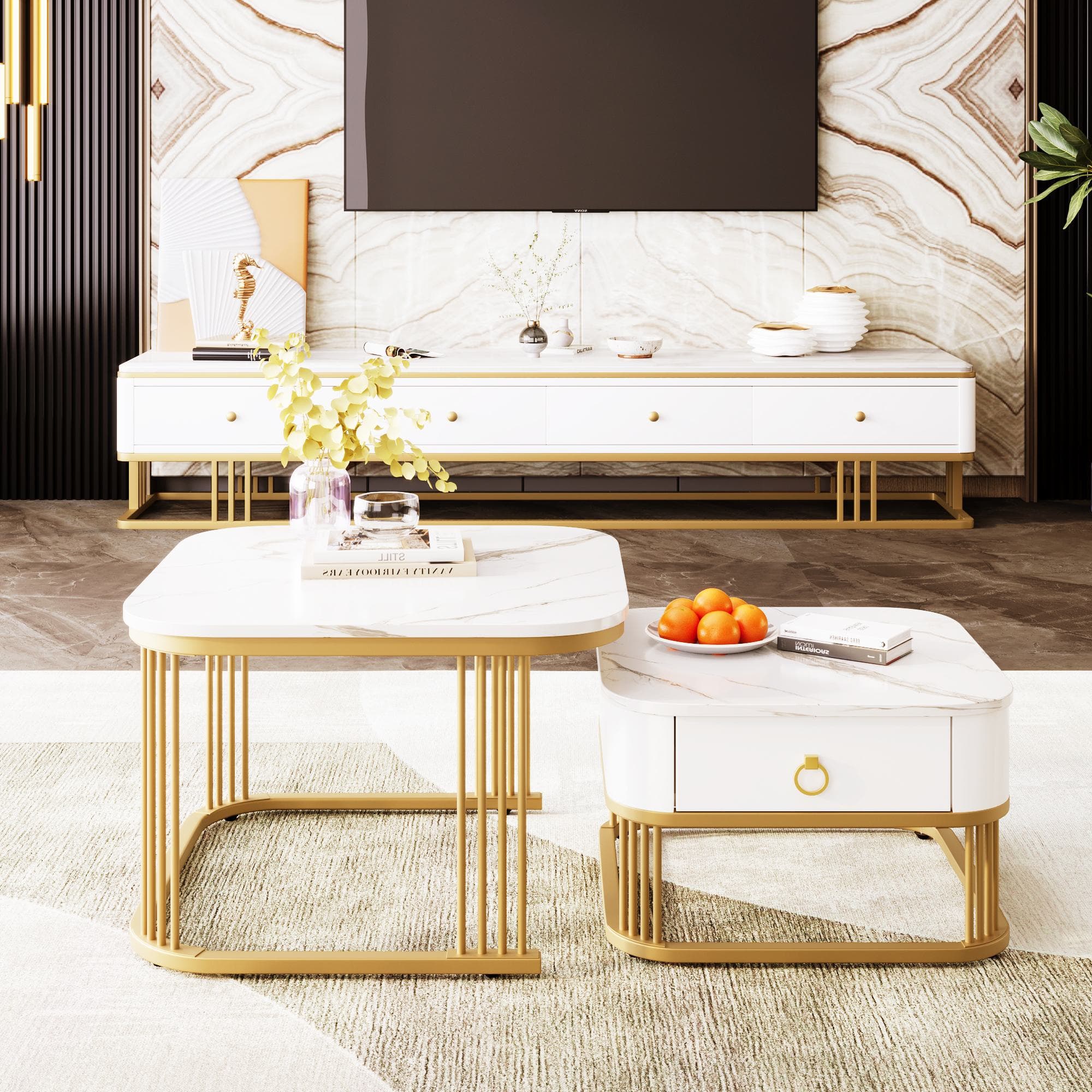 Set of 2 Modern Square Coffee Table with High-Gloss Tabletops, Marble Side Table for Living Room, Bedroom, 60x60x42 cm+50x50x33.5 cm, White | Aosom.UK