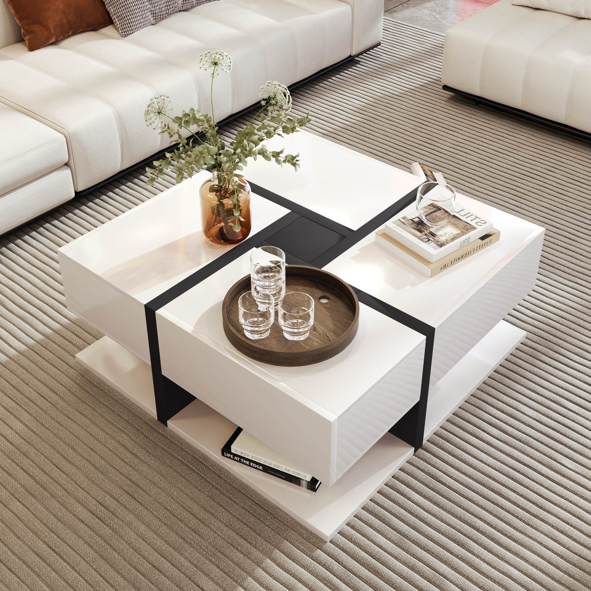 White Coffee Table with 4 Drawers and Bottom Open Storage Space, Living Room Table with Unique Pattern for Sofa Side, 78x78x36 cm, White | Aosom.UK