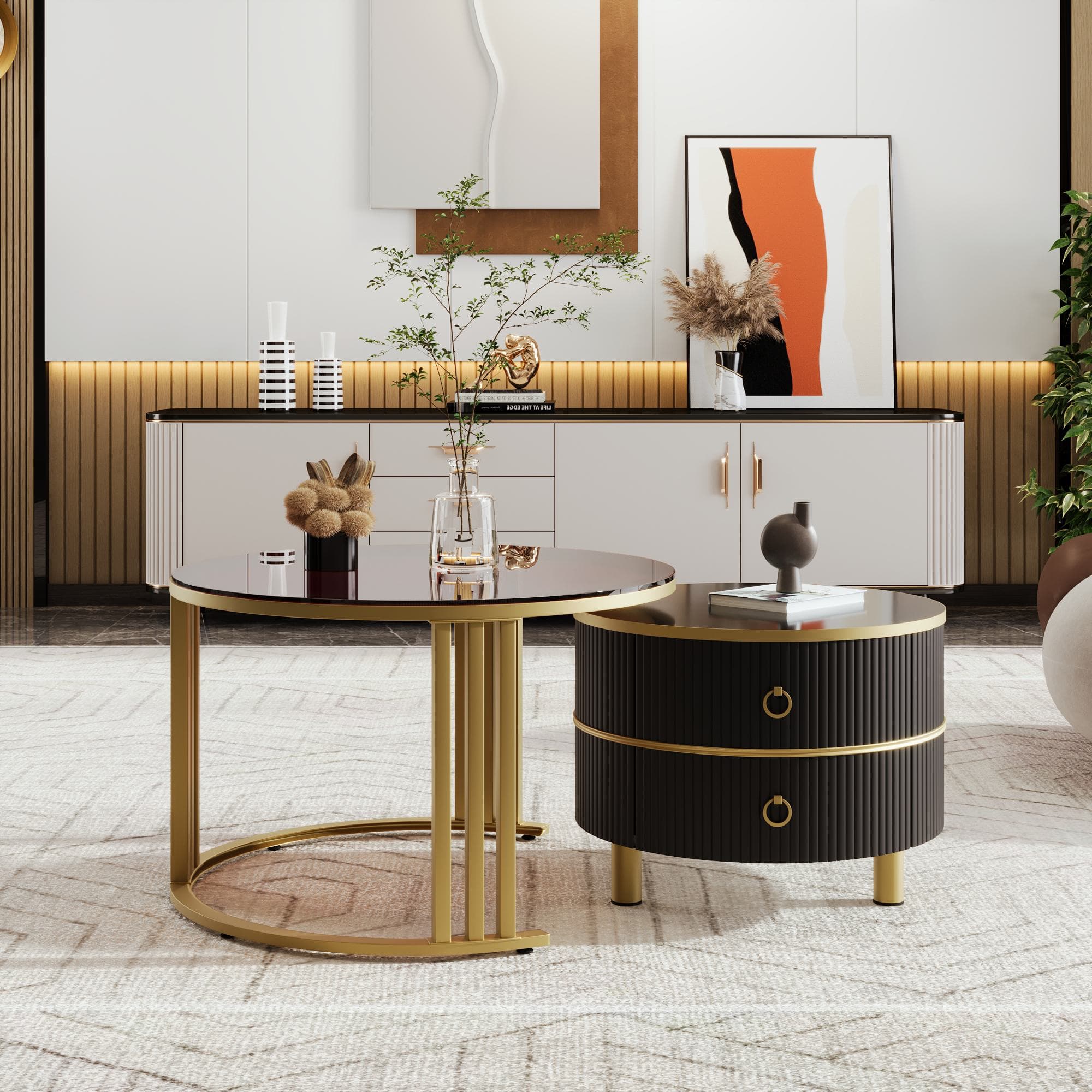 2-in-1 Round Coffee Table Set with High-Gloss and Tempered Glass Tops, 2 Drawers, 70x70x45 + 50x50x40 cm, for Living Room, Brown+Black | Aosom.UK