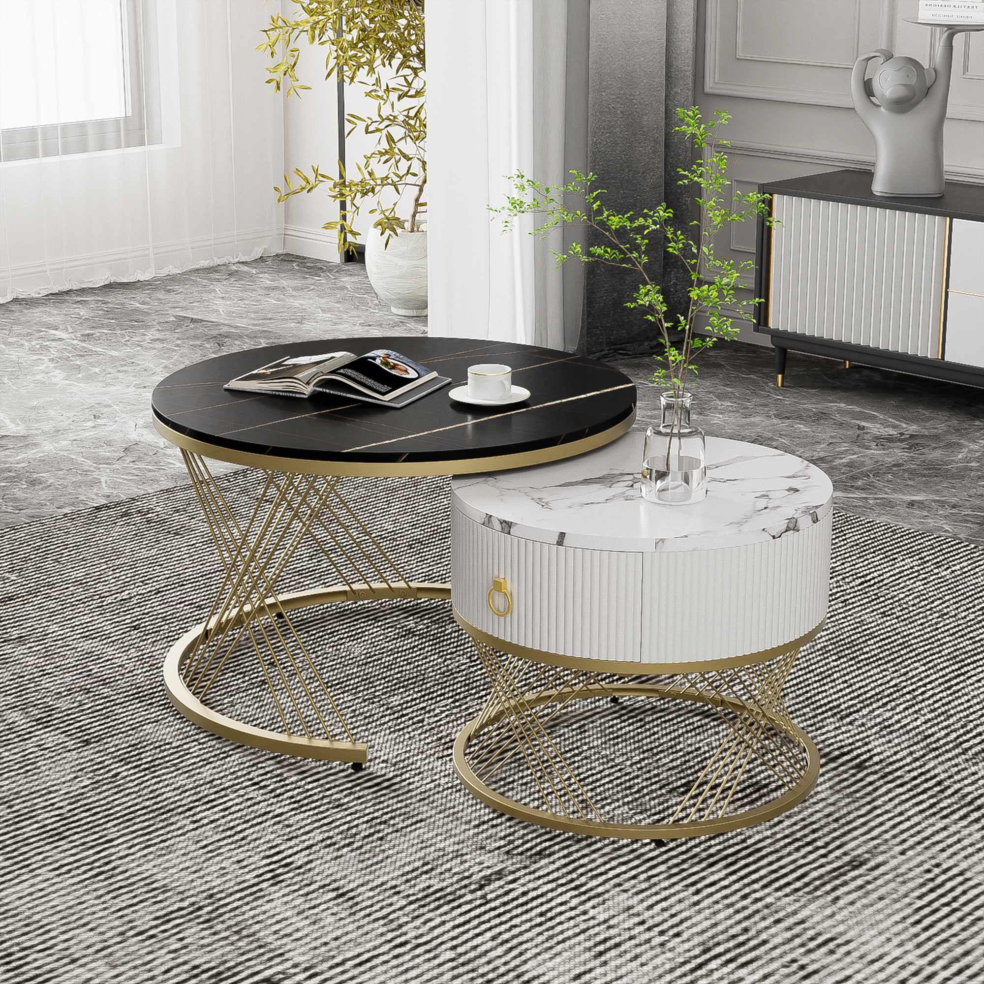 Elegant Nesting Coffee Table Set, Marble Look with Gold Decor, Side Tables for Living Room with Drawers, 70x70x45 cm + 50x50x40 cm, Black | Aosom.UK