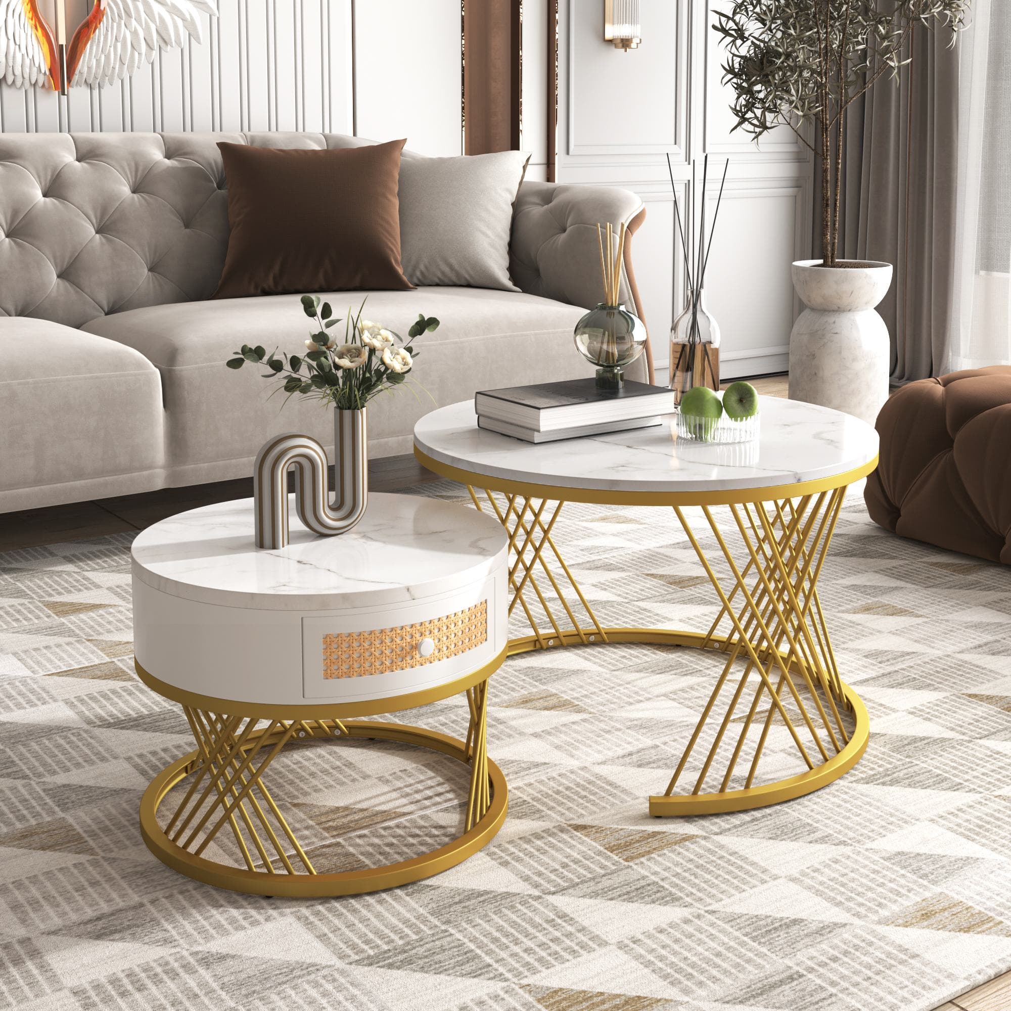 2-in-1 Nesting Coffee Table with Marble Top and Mental Legs, Round Coffee Table with Storage and Wooden Handle, 70x70x45.5 cm, White+Gold | Aosom.UK