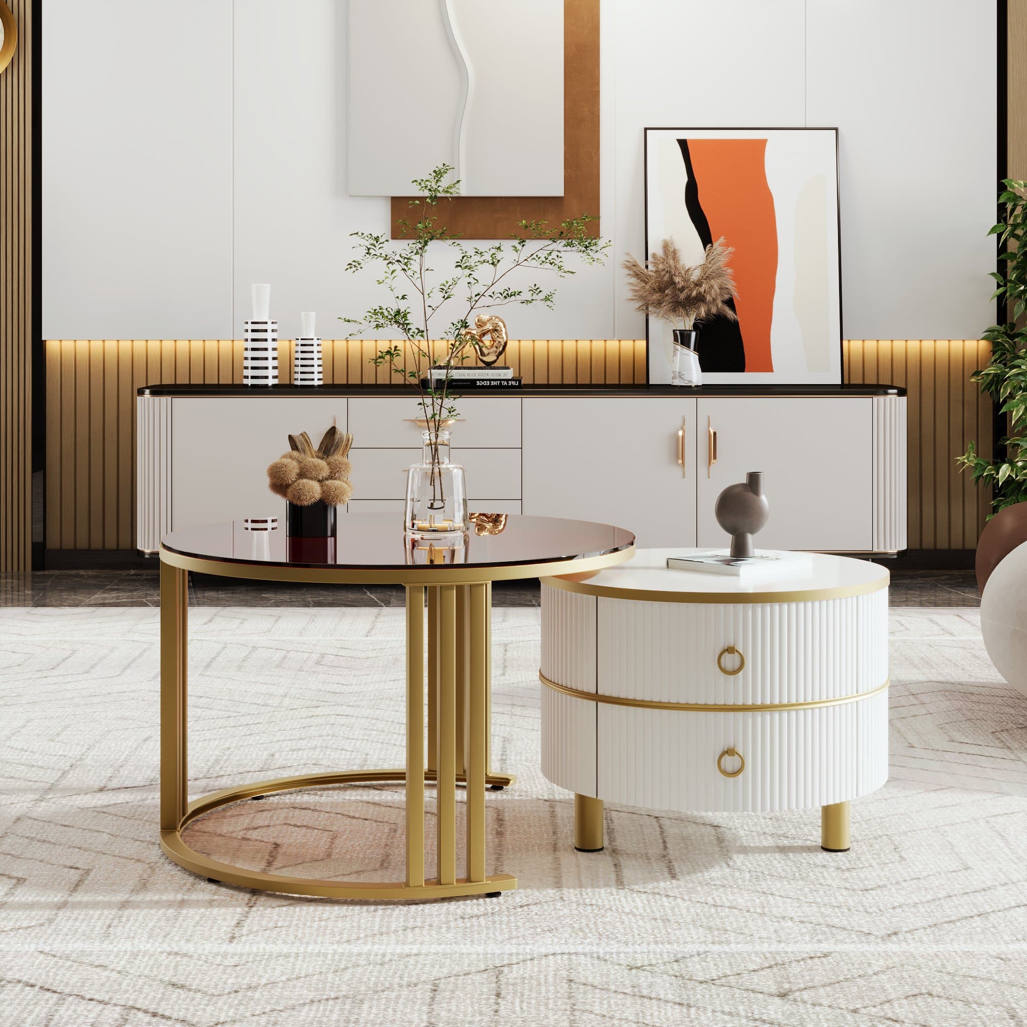 Set of 2 Round Nest of Tables, Coffee Table Round Nesting with High-Gloss and Tempered Glass Tops, for Living Room, Brown+White | Aosom UK