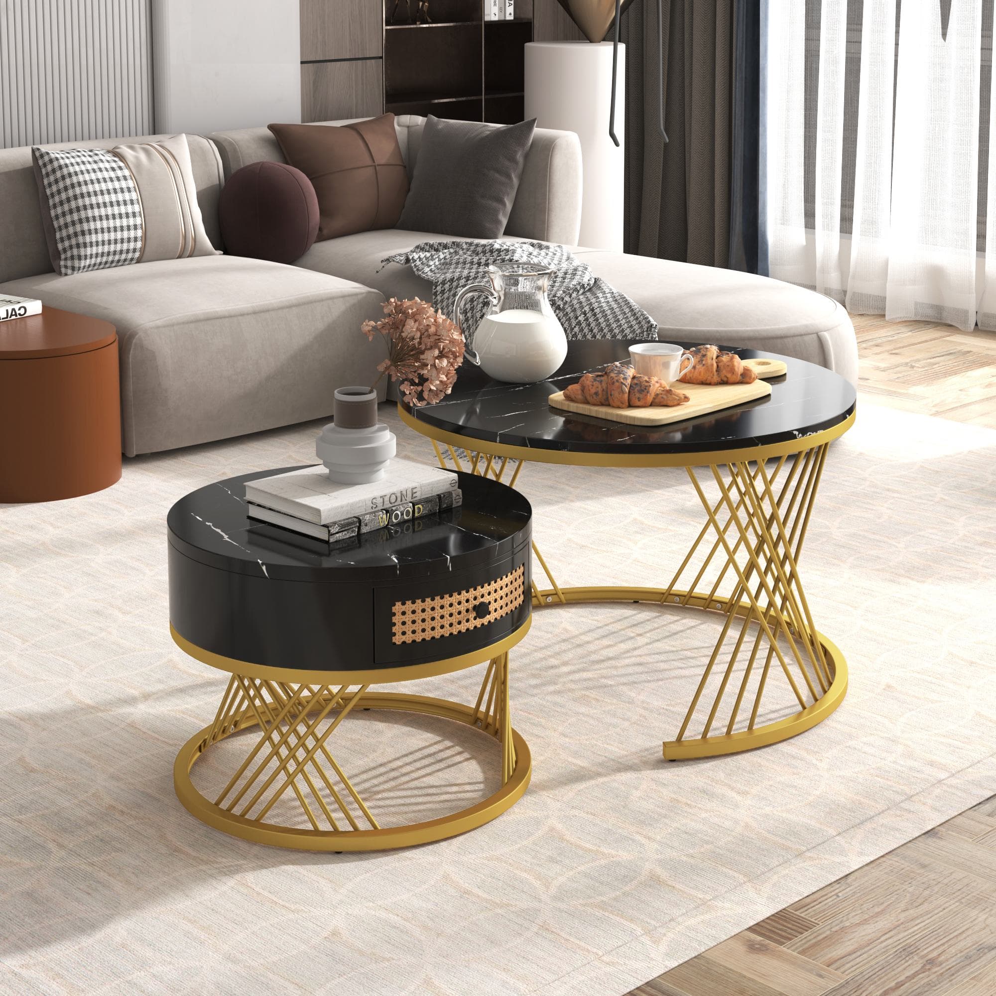 2-in-1 Nesting Coffee Table with Marble Grain Veneer Top and Rattan Drawers, Coffee Table for Sitting Room, 70x70x45.5 cm, Black+Gold | Aosom.UK